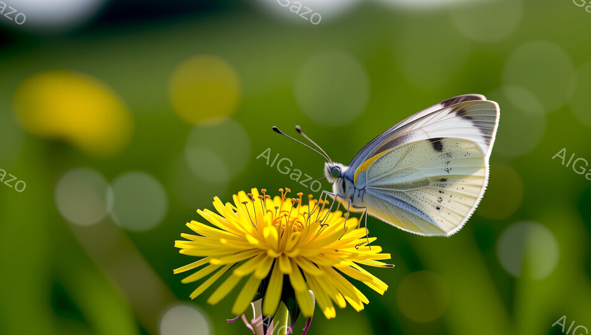 明るい緑色の背景に、タンポポの花の上にとまった白い蝶が描かれています。蝶は片方の翼を広げ、繊細な模様が印象的です。背景にはぼやけた黄色い斑点が散りばめられ、春らしい温かい雰囲気を醸し出しています。 - AI生成フリー素材