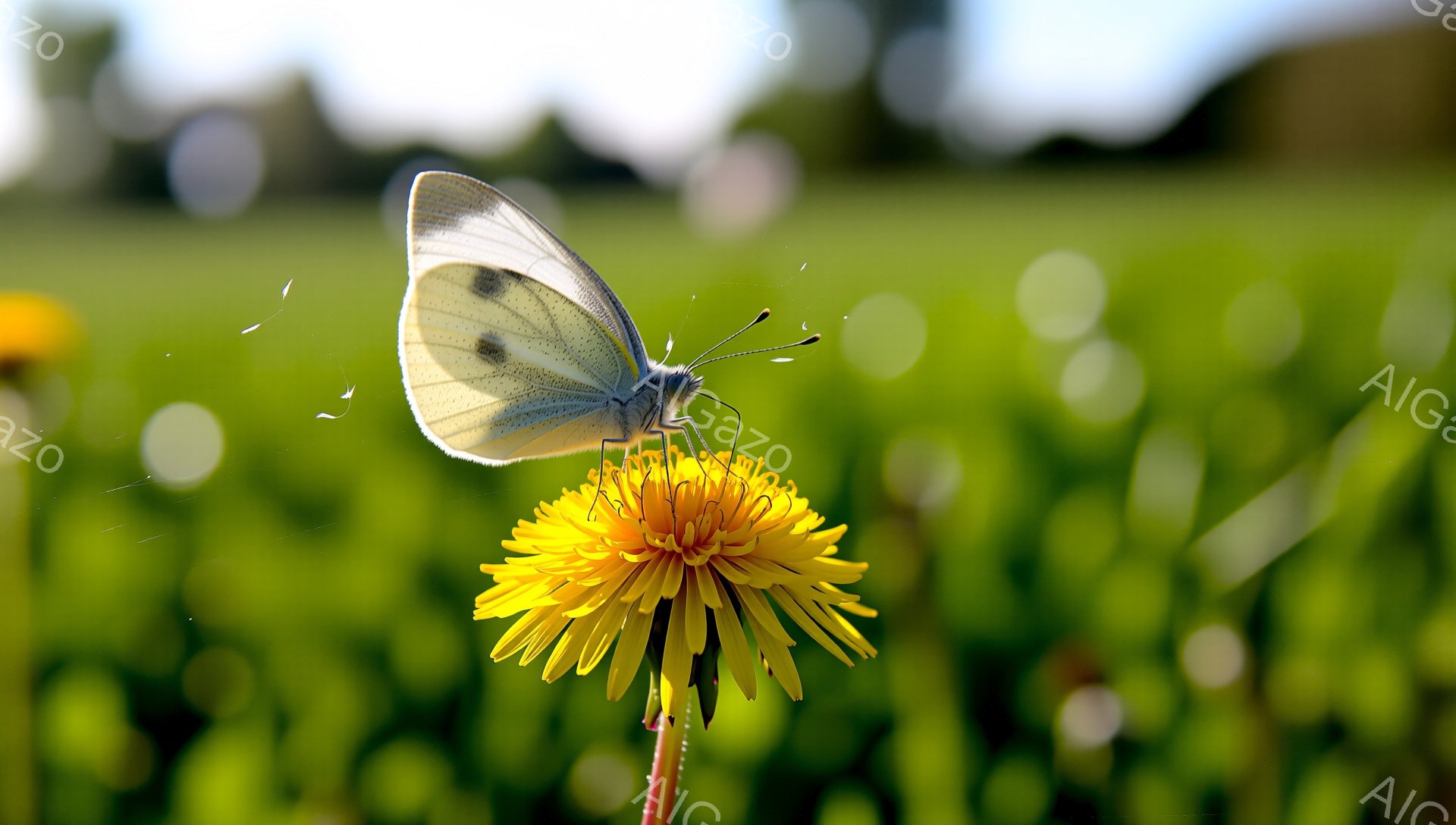 タンポポの綿毛が舞う緑豊かな背景を背景に、鮮やかな黄色のタンポポの上にとまっている白い蝶が描かれています。蝶は羽を広げ、まるで花からの蜜を吸っているかのように静止し、春の暖かな日差しの中で生命力を感じさせます。背景はぼやけており、蝶とタンポポが際立っています。