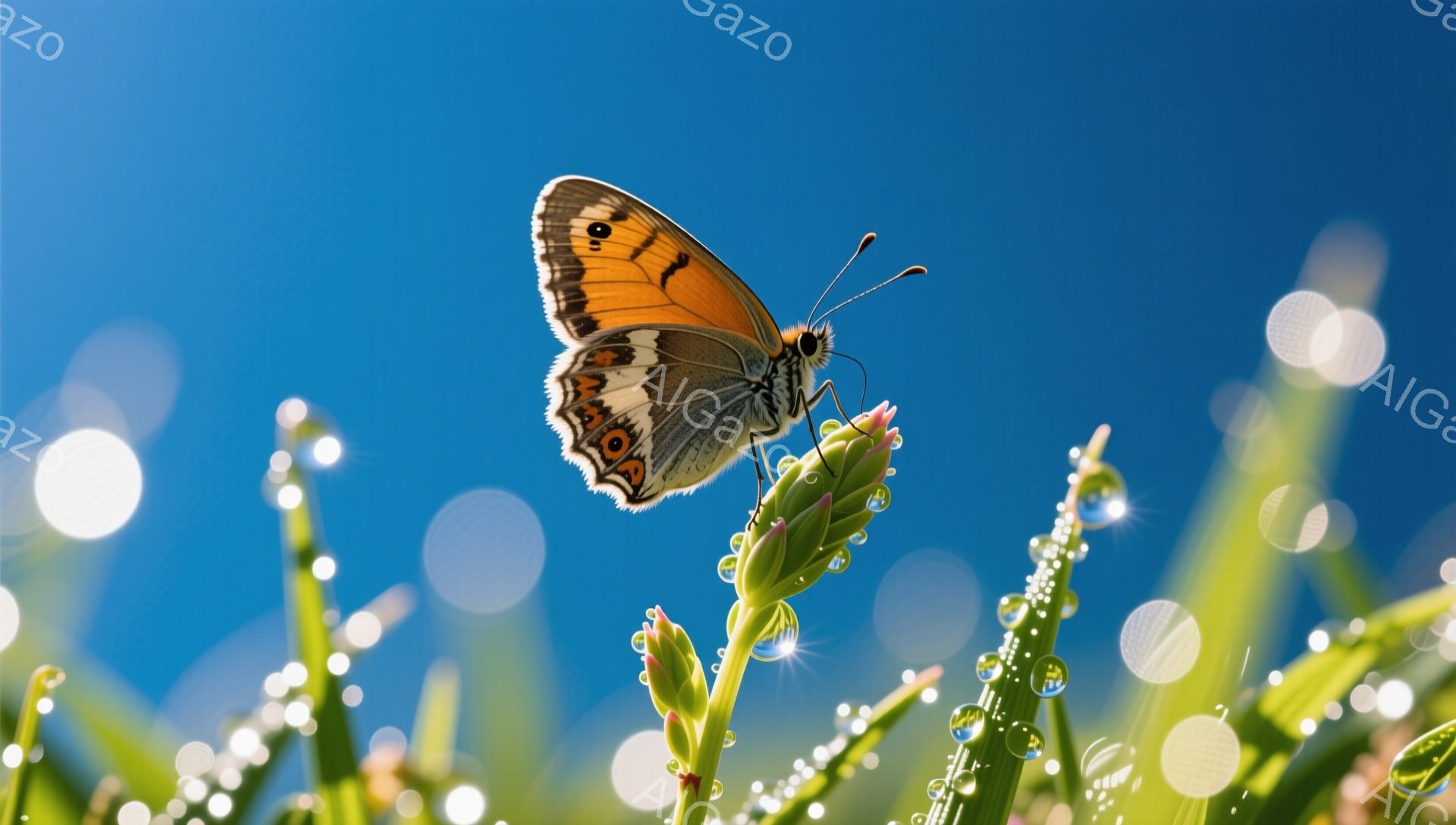 鮮やかな青空を背景に、オレンジと黒の模様を持つ蝶が緑色の草の上に止まっています。朝露のような水滴が草を飾り、光が散りばめられた背景が幻想的な雰囲気を醸し出しています。自然の美しさが際立つ、穏やかで平和 - AI生成フリー素材
