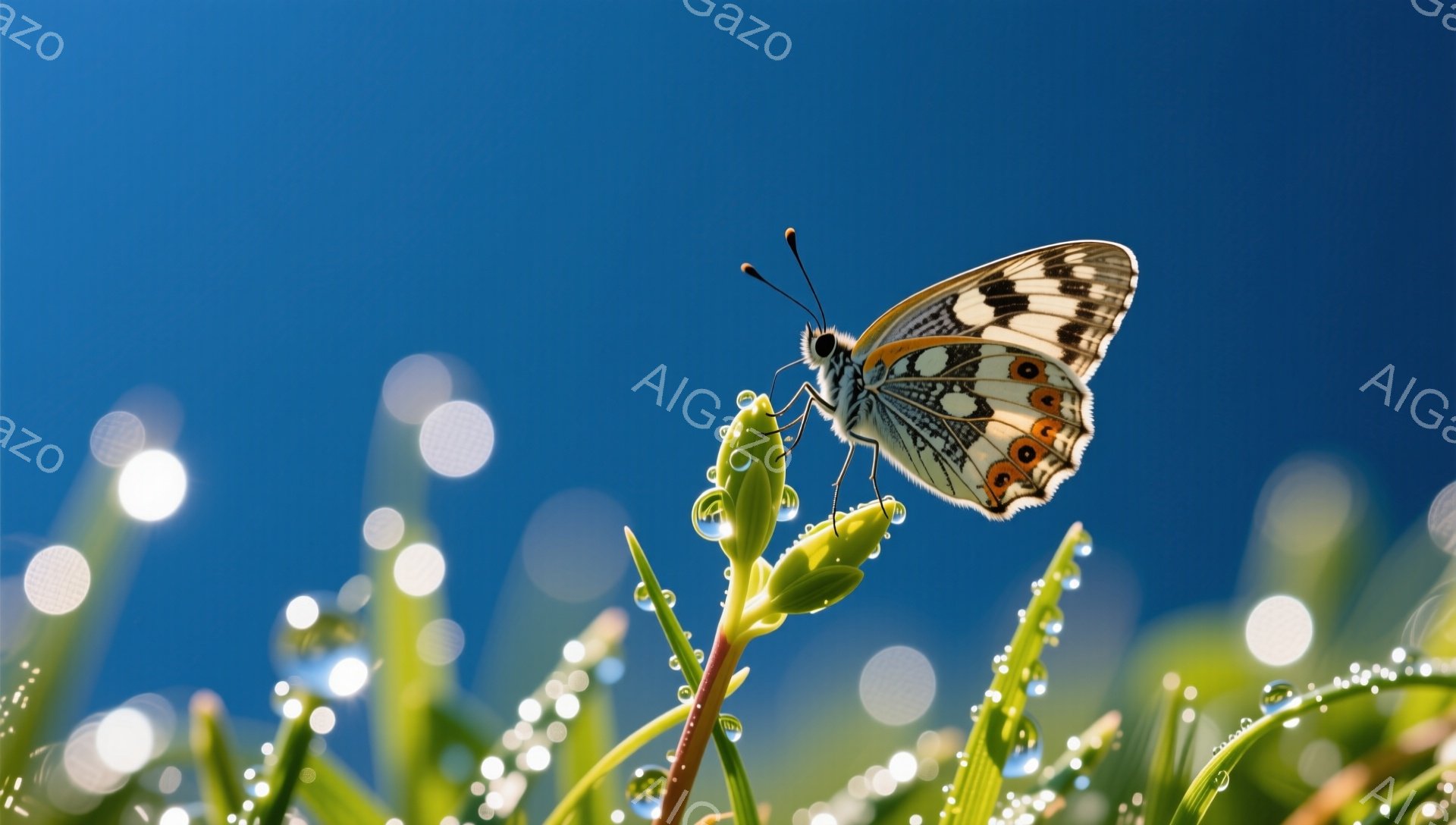 青々とした草の上に、朝露をまとった蝶がとまっている。鮮やかな色彩と光の粒が、夏の穏やかな朝の雰囲気を醸し出している。背景は晴れた青空で、自然の美しさが際立っている。 - AI生成フリー素材