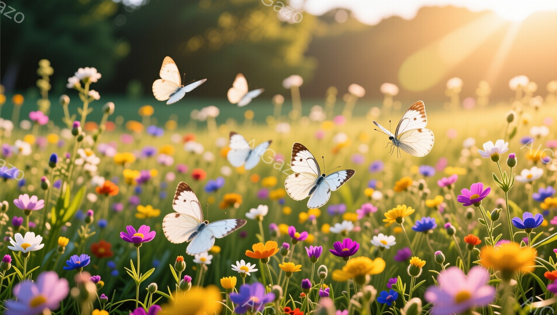色とりどりの野花が咲き乱れる草原で、白い蝶が舞っている。太陽の光が差し込み、暖かく穏やかな雰囲気が漂っている。背景には緑豊かな木々が見え、自然の美しさが際立っている。 - AI生成フリー素材