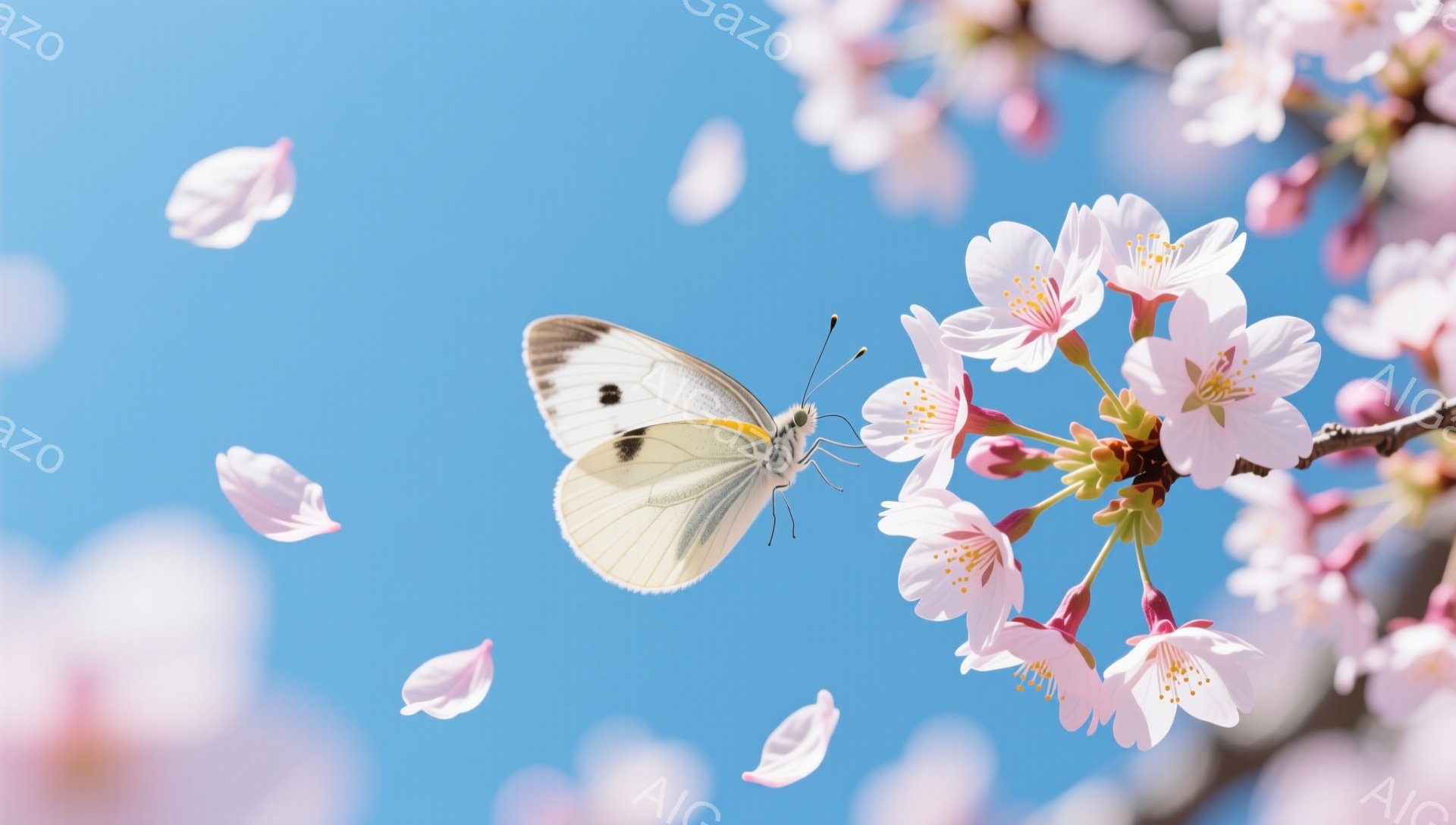 桜の花びらが舞い散る青空の下、白い蝶が優雅に飛び回っている。桜の淡いピンクと蝶の白がコントラストをなし、春の穏やかな雰囲気を表現している。背景には、ぼんやりと他の桜の枝が見え、幻想的な光景を作り出して - AI生成フリー素材