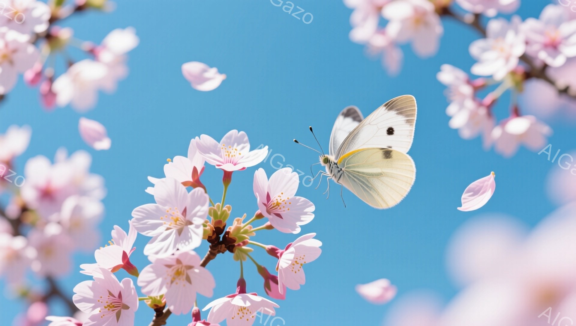 桜の木が咲き誇り、ピンク色の花びらが舞い散る空を、白い蝶が優雅に舞っている。背景は鮮やかな青空で、春の暖かく穏やかな雰囲気を演出している。花と蝶のコントラストが美しく、季節の移ろいを感じさせる。 - AI生成フリー素材