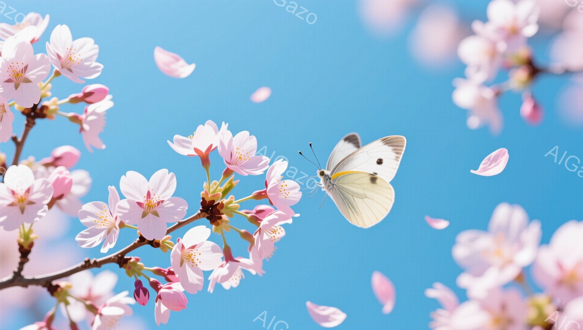 桜の枝に白い蝶が舞い降り、花びらが空中に舞っている美しい風景です。青空を背景に、春の暖かく穏やかな雰囲気が伝わってきます。ピンク色の桜と白の蝶のコントラストが印象的です。 - AI生成フリー素材