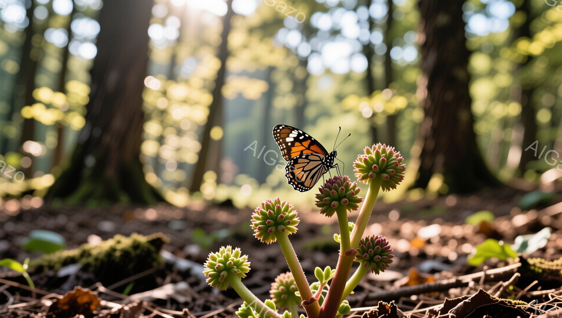 明るい森の中で、緑色の植物にオレンジ色の蝶が止まっている。光が木々の間から差し込み、背景をぼかして美しい雰囲気を醸し出している。植物は地面から生え、土と落ち葉に囲まれている。 - AI生成フリー素材