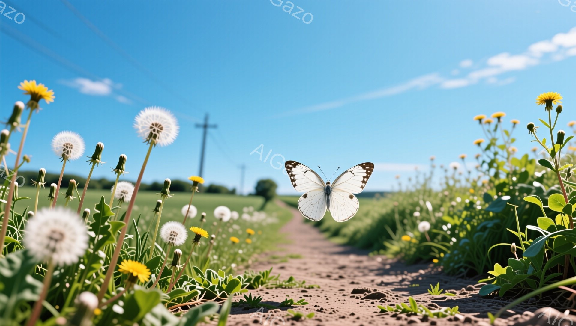 穏やかな田園風景の中に、道に沿ってタンポポが咲き乱れ、白蝶が舞っている。空は晴れ渡り、遠くに電柱が見える。春や夏の暖かい日差しを感じさせる、のどかな光景である。