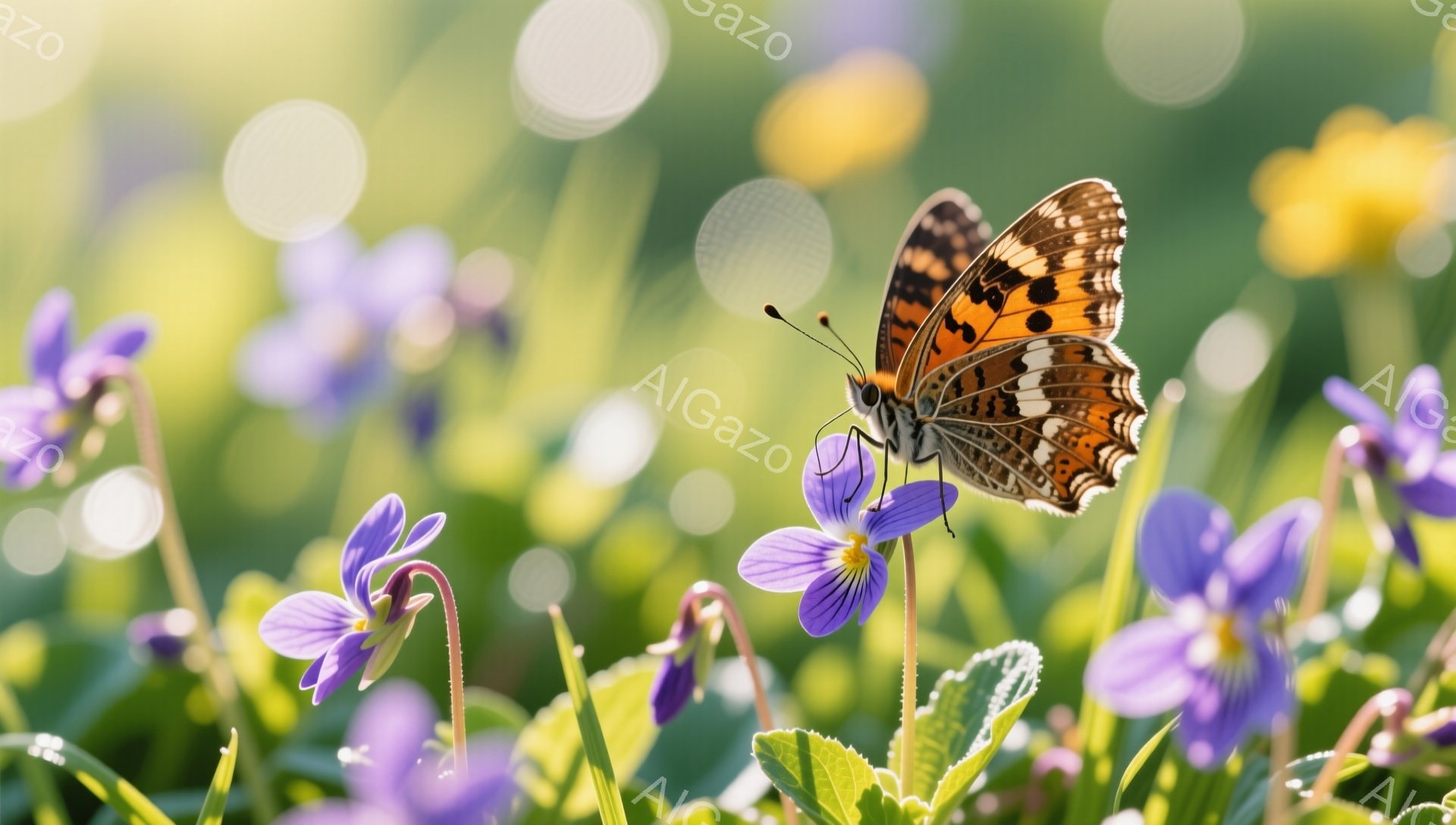 緑豊かな草むらの中に、紫色のスミレの花が咲き乱れ、その一つにオレンジと黒の模様が美しい蝶がとまっている。柔らかい光が差し込み、背景にはぼんやりとした黄色い花が咲いている。春の穏やかな一日を思わせる、鮮 - AI生成フリー素材