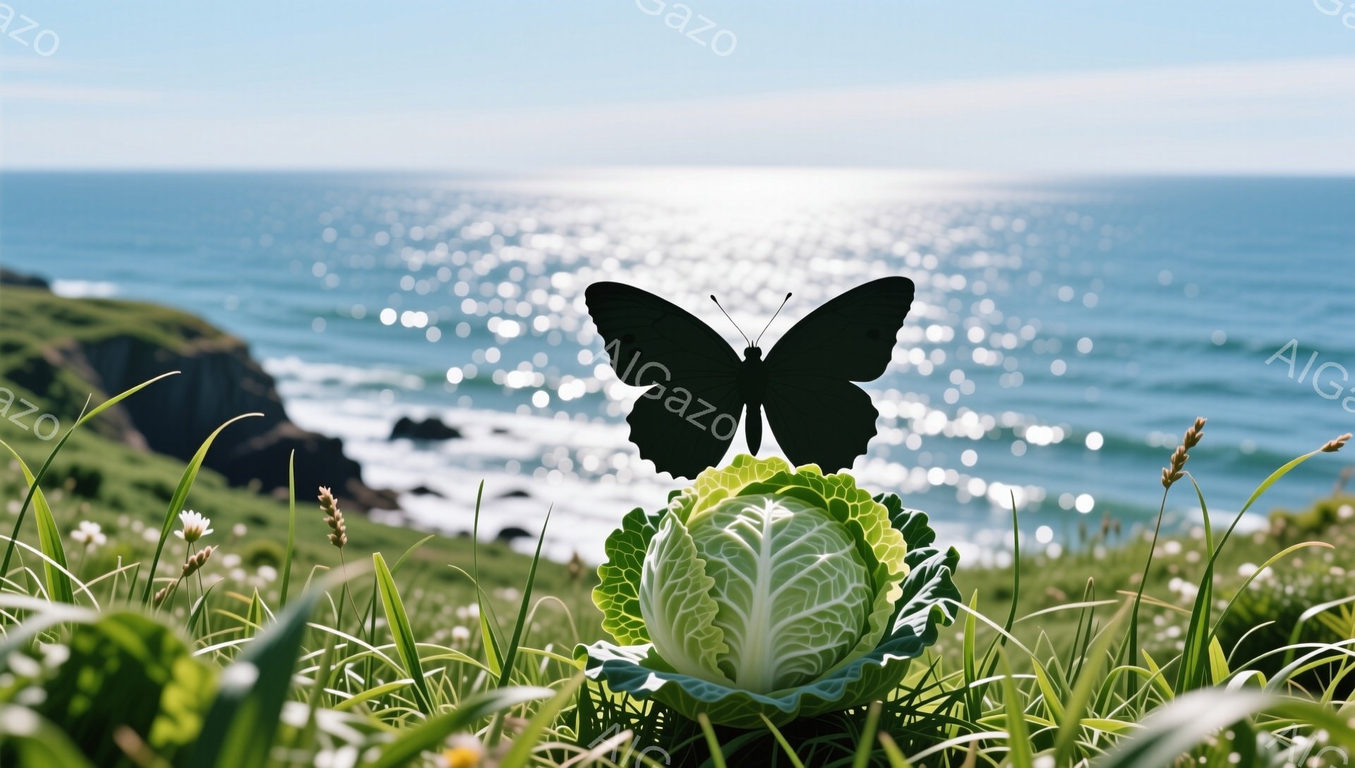 鮮やかな緑の草の上に、小さなキャベツが置かれており、その上には黒い蝶がとまっている。背景には、太陽の光を反射する青い海と、緑の崖が広がり、自然の美しさを強調している。穏やかな雰囲気で、まるで絵画のよう - AI生成フリー素材