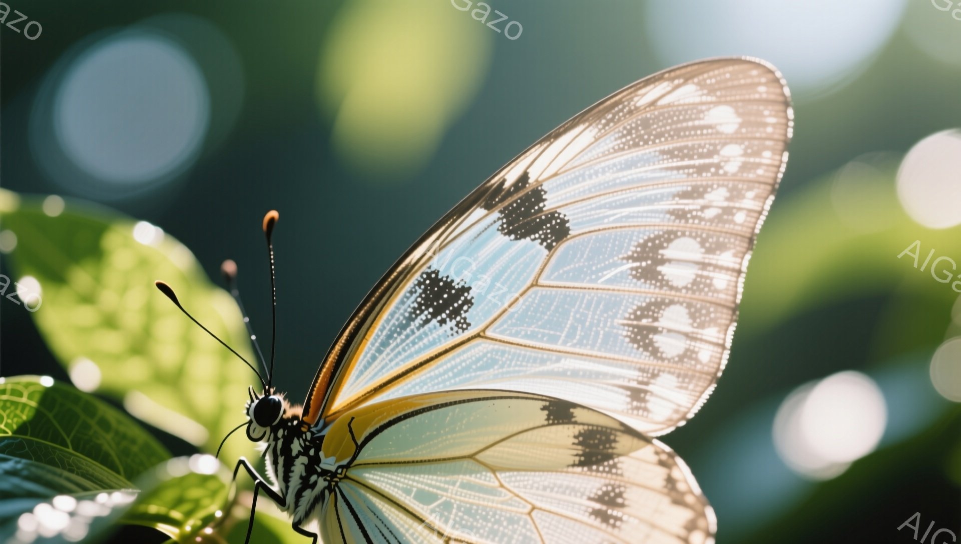 アゲハチョウが緑の葉の上に静止している。羽根は白と黒の模様が美しく、光に透けている。背景はぼやけており、自然の中で撮影された暖かい雰囲気の写真である。 - AI生成フリー素材