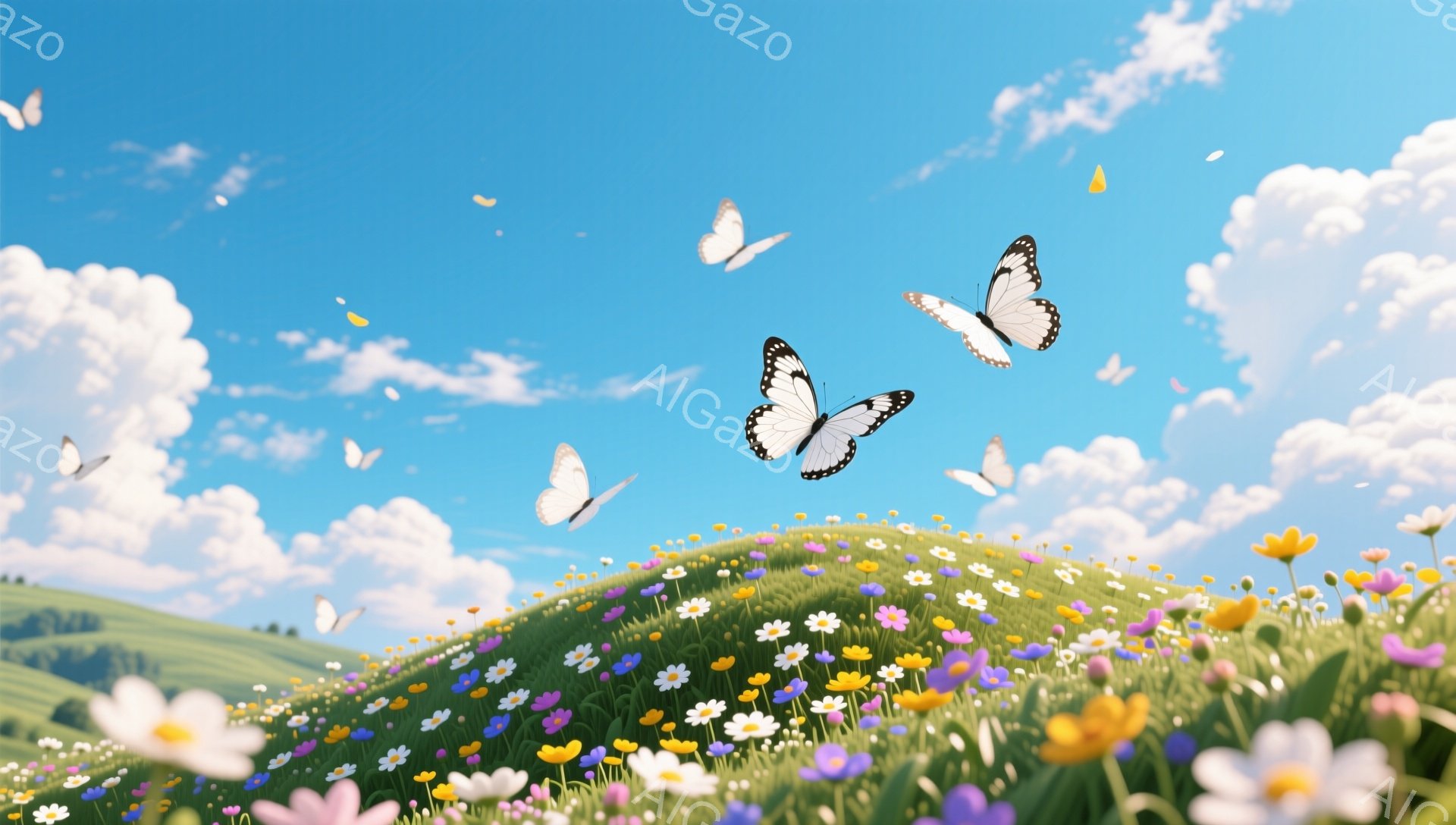 鮮やかな野原が広がり、様々な色の花々が咲き乱れている。青い空には白い蝶が舞い、暖かく穏やかな雰囲気を醸し出している。緑の丘と白い雲が、平和で夢のような風景を作り出している。 - AI生成フリー素材