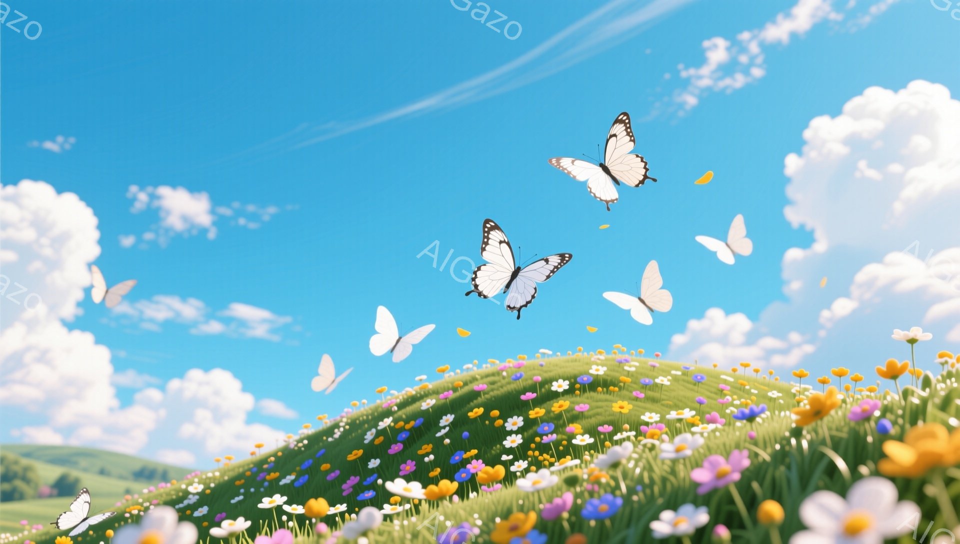 青々とした丘が広がり、色とりどりの花々が咲き乱れている。空には白い蝶が舞い、穏やかで平和な雰囲気を醸し出している。青空と白い雲が、さらにのどかな情景を演出している。 - AI生成フリー素材