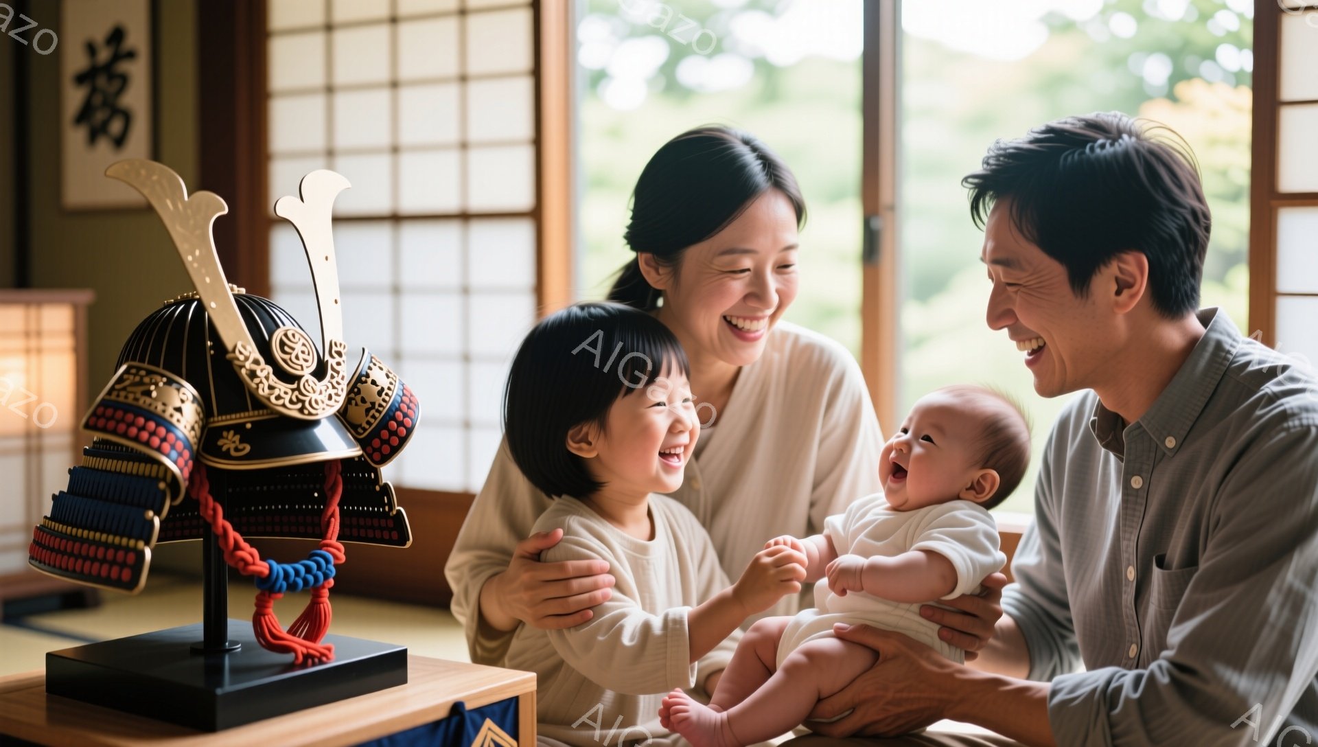 幼い姉妹と父親が笑顔で向き合っている写真です。背景には兜が飾られており、畳の部屋で暖かく幸せな雰囲気が漂っています。家族の愛情と子供たちの成長を感じさせる、穏やかな瞬間が捉えられています。 - AI生成フリー素材