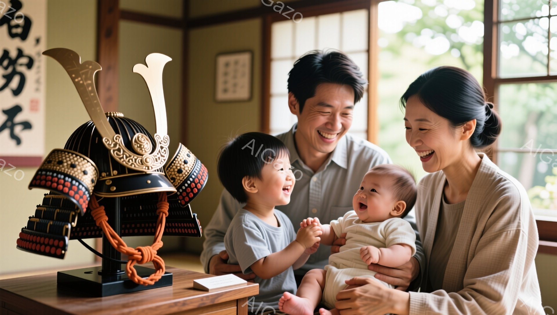 室内で、笑顔の夫婦と幼い二人の子供が写っている。男の子は兜の前で両手を広げ、妹は母親に抱かれながら笑っている。背景には畳と障子、そして書道が飾られ、温かい家庭の雰囲気が漂う。