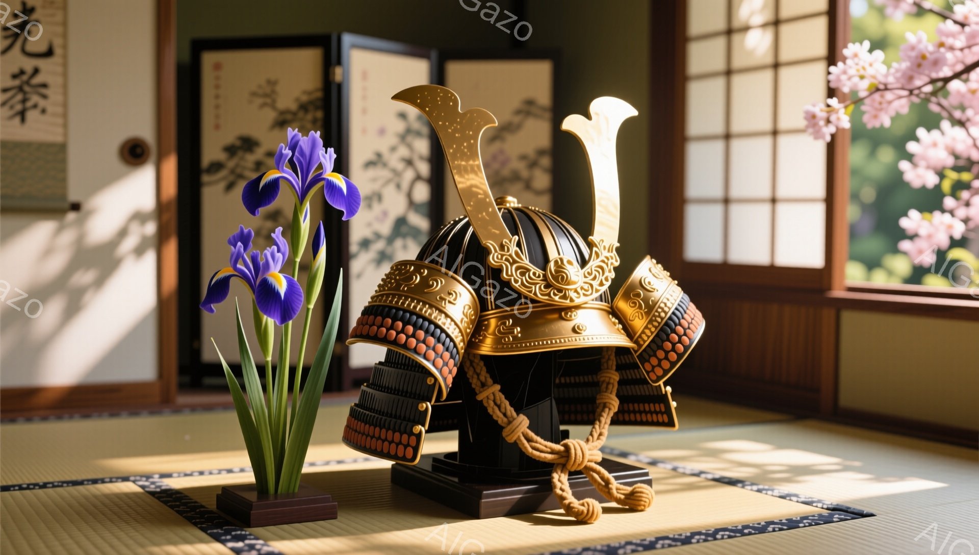 畳の上に兜と紫の菖蒲が並べられています。背景には、日本の書道画と桜の木が見え、静かで落ち着いた雰囲気が漂っています。兜は日本の武士道を象徴しており、菖蒲は武運長久を祈る意味合いがあります。 - AI生成フリー素材