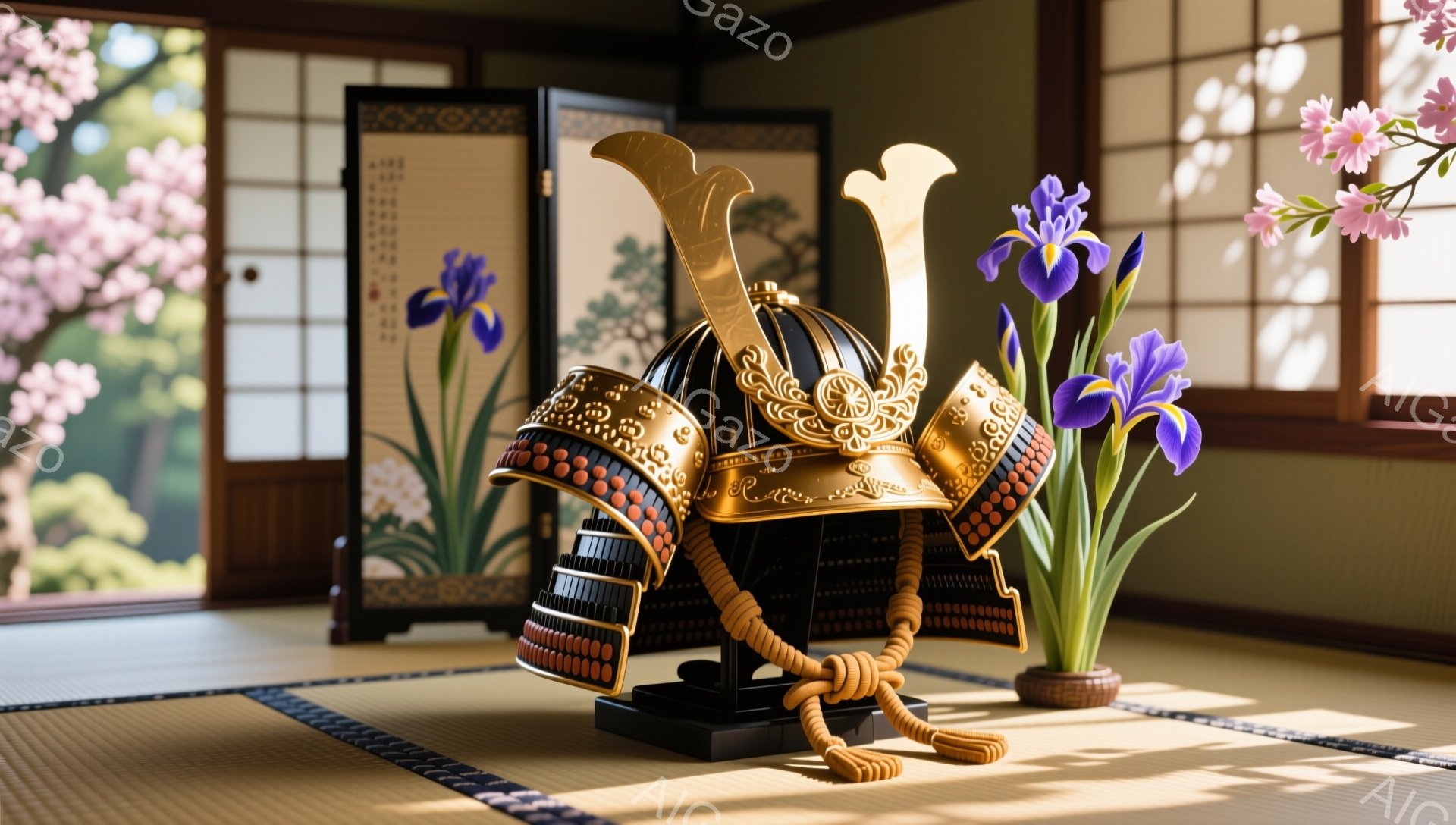 畳の上に兜と菖蒲が置かれた静謐な空間が描かれています。背景には桜の木と屏風があり、日本の伝統的な美意識を強く感じさせます。光が差し込み、温かみのある雰囲気が漂っています。