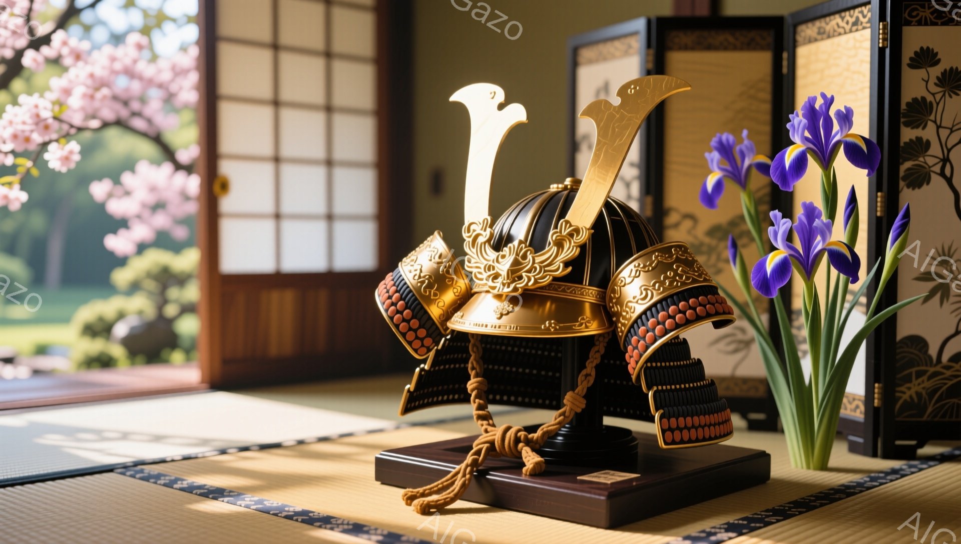 兜は黒色と赤色の紐で飾られ、武士の勇ましさを象徴しています。背景には桜と菖蒲が咲き乱れ、日本の伝統的な美しさを引き立てています。畳の床と屏風が、静かで厳かな雰囲気を醸し出しています。 - AI生成フリー素材