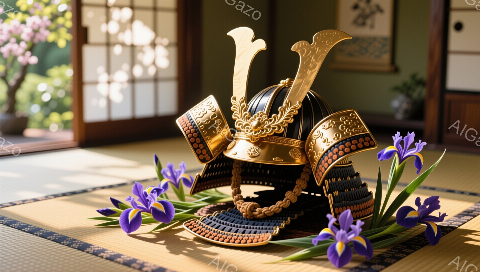 畳の上に兜が置かれ、紫色の菖蒲の花が周囲を彩っています。背景にはぼやけた桜の木が見え、日本の伝統的な雰囲気を醸し出しています。落ち着いた光と色彩は、静寂と高貴さを感じさせます。
