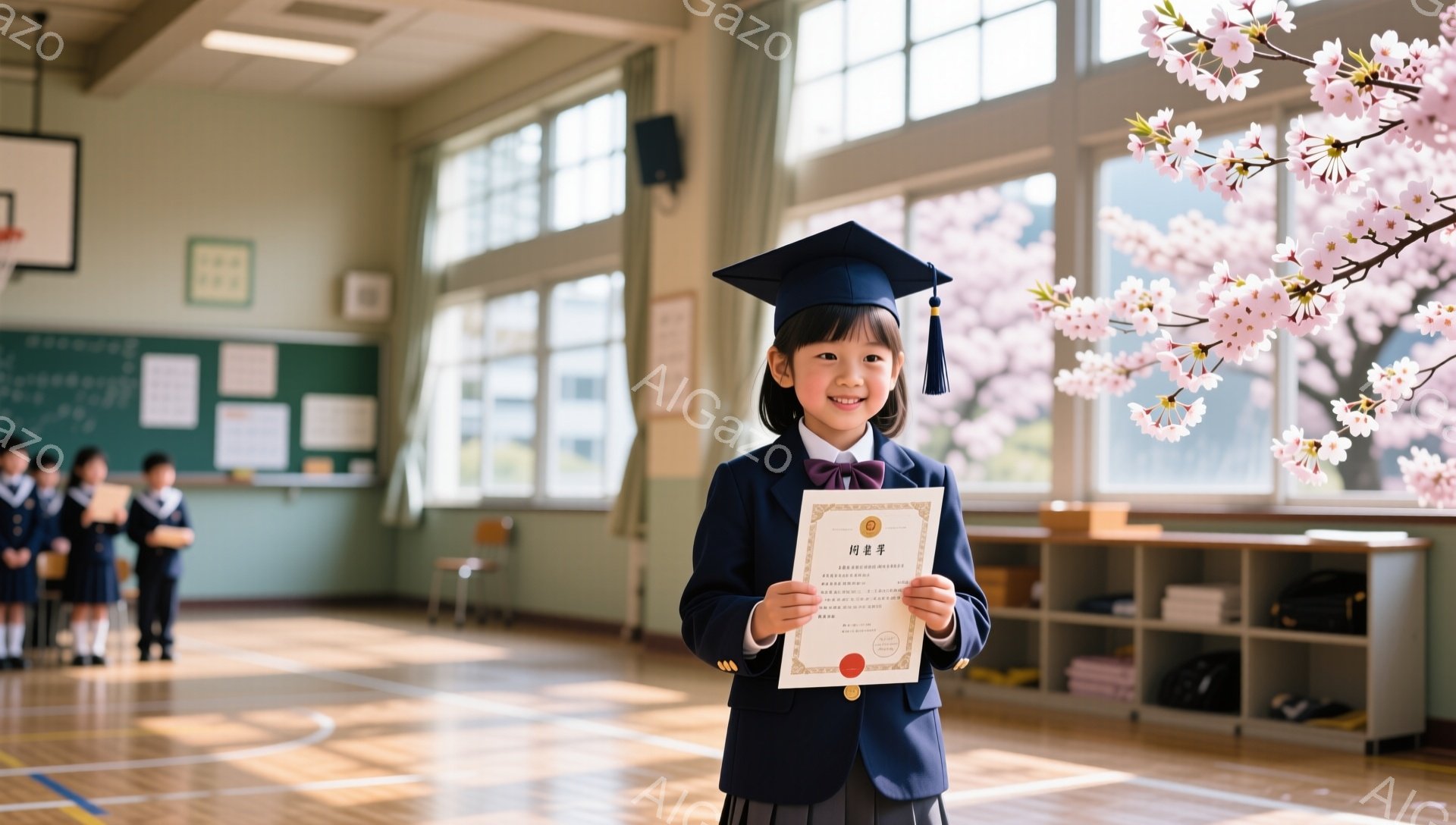 幼い女の子が卒業式で卒業証書を手に立っている。紺色の制服に帽子をかぶり、明るく微笑んでいる。体育館には他の児童もおり、背景には桜が咲き誇り、春の暖かな雰囲気が漂っている。 - AI生成フリー素材