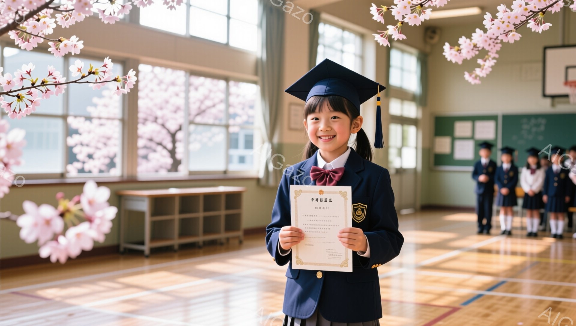 桜の背景で、卒業式を迎えた幼い女の子が、卒業証書を手に微笑んでいます。紺色のブレザーと赤いネクタイ、卒業帽子を着用し、晴れやかな表情でカメラを見ています。背景には、同じように卒業帽子をかぶった生徒たちが並び、式典の様子が伺えます。
