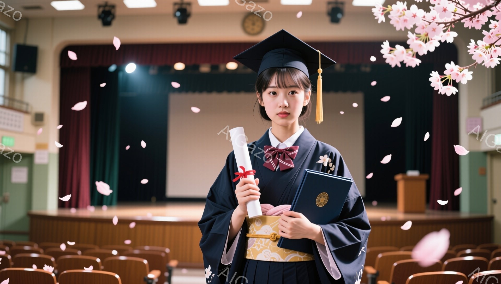 卒業式と思われる若い女性が、袴と卒業帽を身につけ、卒業証書を持って立っている。背景には、講堂の席が見え、桜の花びらが舞っている様子から、春の暖かい日であることがうかがえる。彼女は少し微笑んでおり、晴れやかな表情で未来への希望を表している。