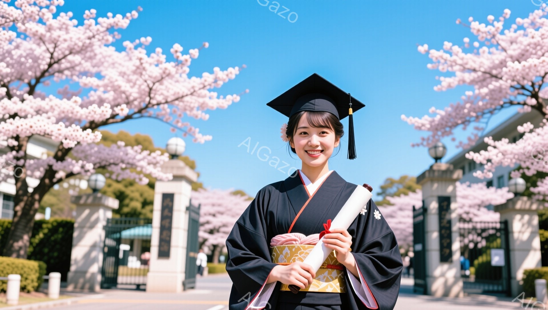 卒業式を終えたばかりの女性が、学内の桜並木の前で笑顔で立っています。黒い学士服に袴姿で、手には卒業証書を抱え、春の陽光の中で明るい雰囲気を醸し出しています。背景には大学の建物と満開の桜が咲き誇り、華やかな卒業の瞬間を彩っています。