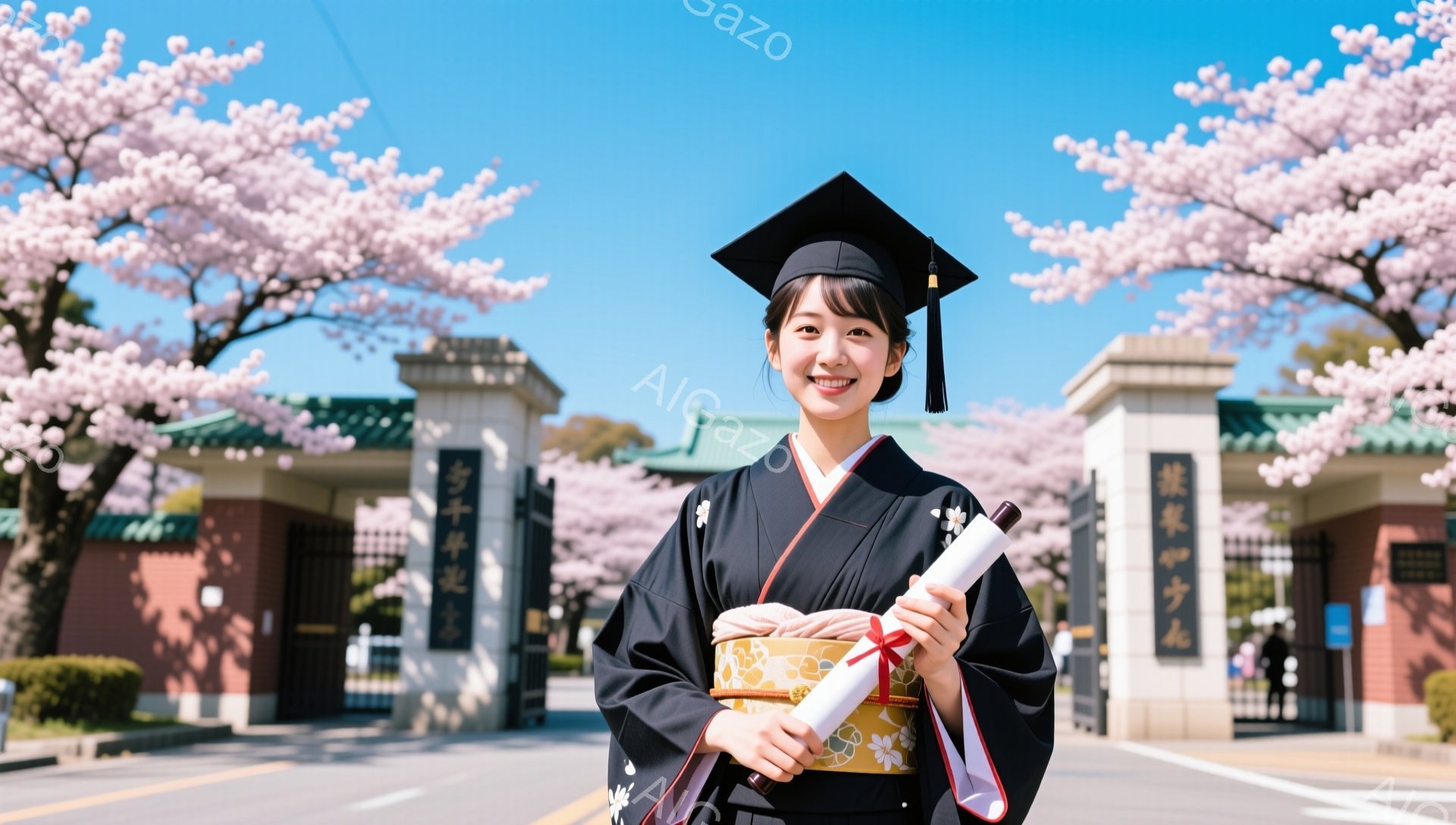 卒業式で晴れ着を着た女性が、桜並木の下で笑顔で卒業証書を手にしている。黒髪で前髪を下ろした彼女は、袴の美しい模様が目を引く。背景には大学の門が聳え立ち、春の陽気な雰囲気が漂っている。