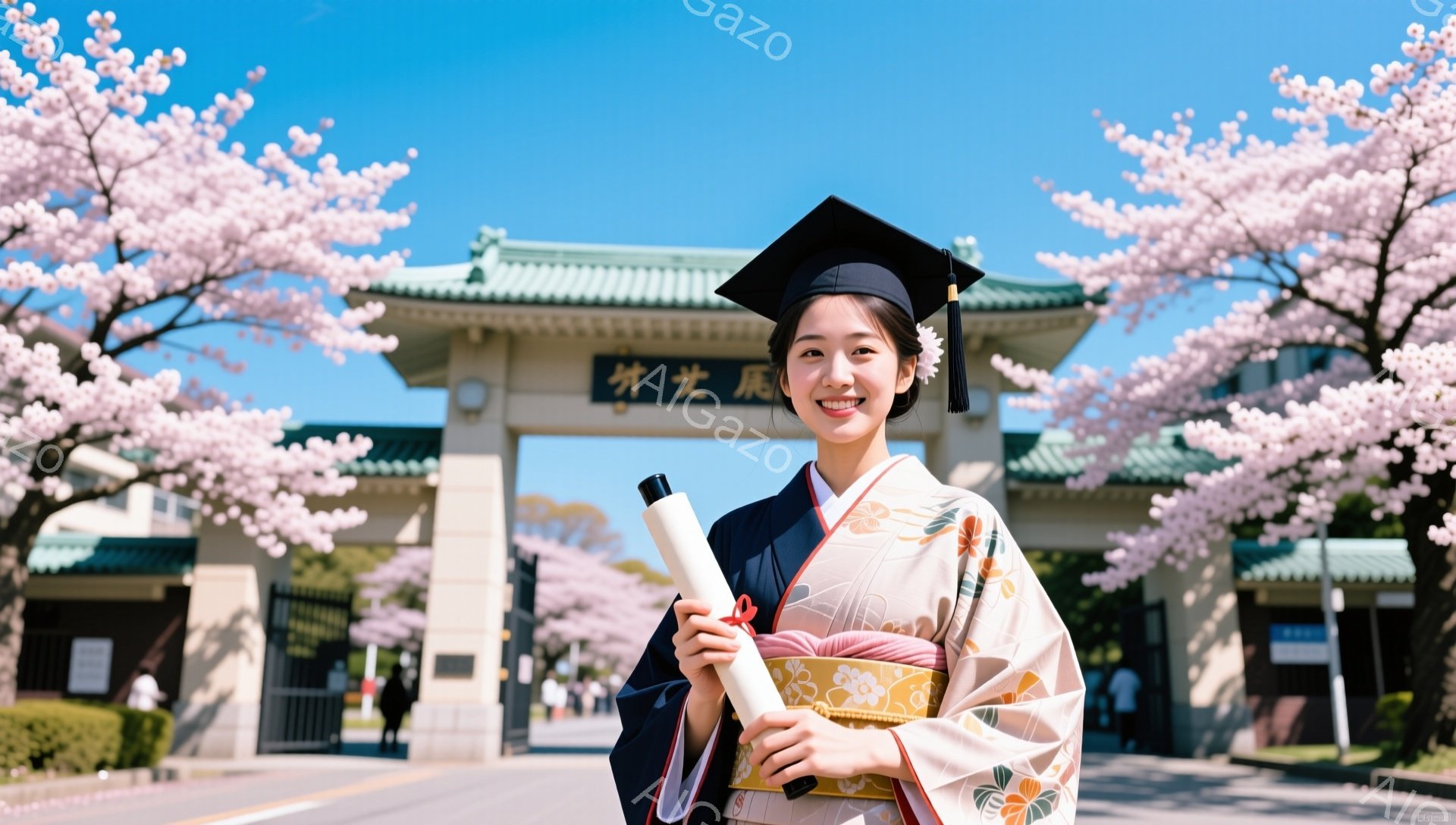 卒業式で袴を着た若い女性が、大学の正門前で満開の桜を背景に笑顔で立っています。手に卒業証書を持っており、晴れた空と明るい日差しが春の喜びを表現しています。彼女の明るい表情と華やかな服装が、新しいスタートを祝福しているようです。