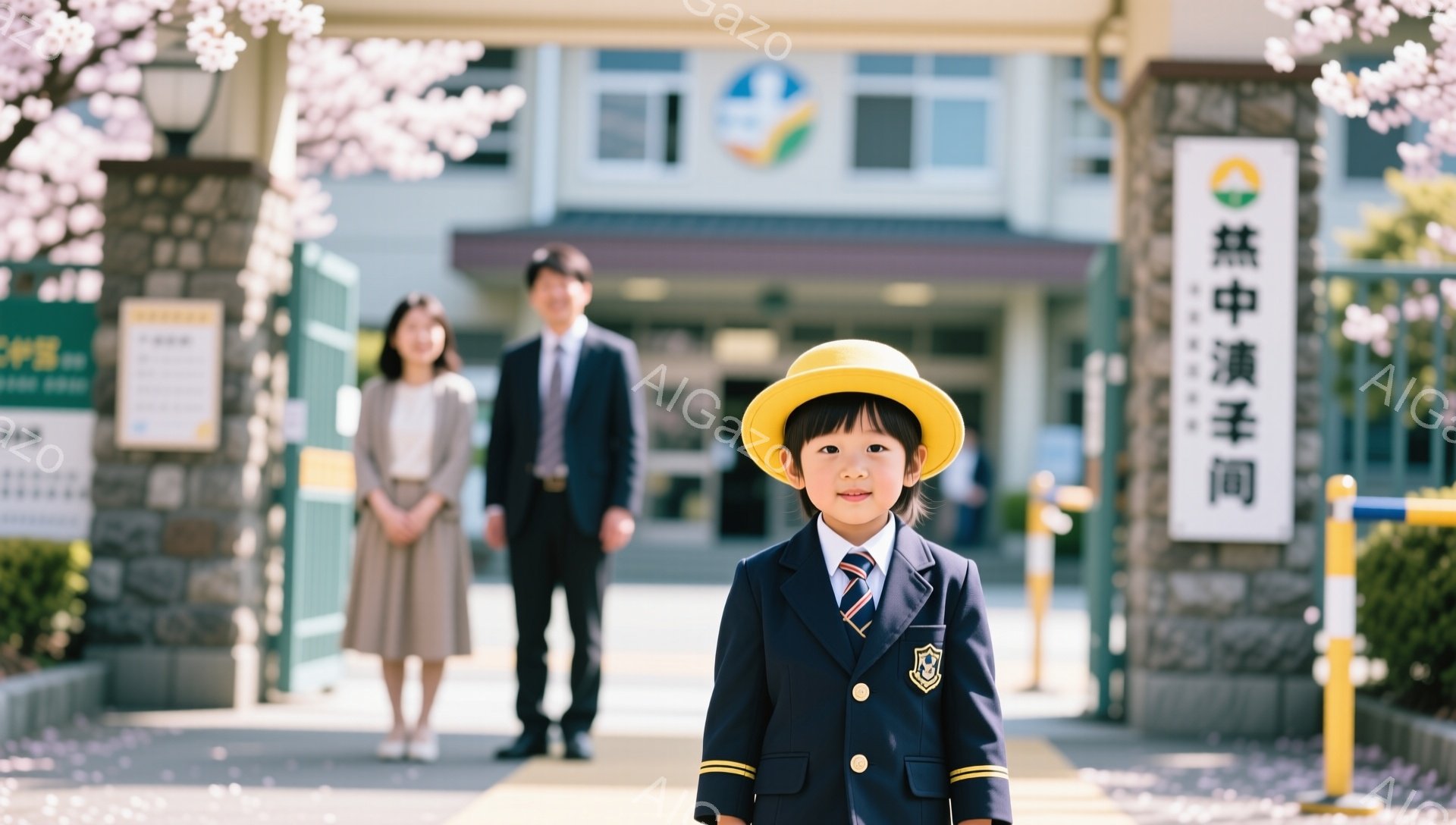 入学式と思われる男の子が、制服と帽子を着用し、正面を見つめています。背景には、ぼやけた親の姿が見え、桜並木が春の訪れを感じさせます。明るい雰囲気で、子供の成長と新たな始まりを祝福しているようです。