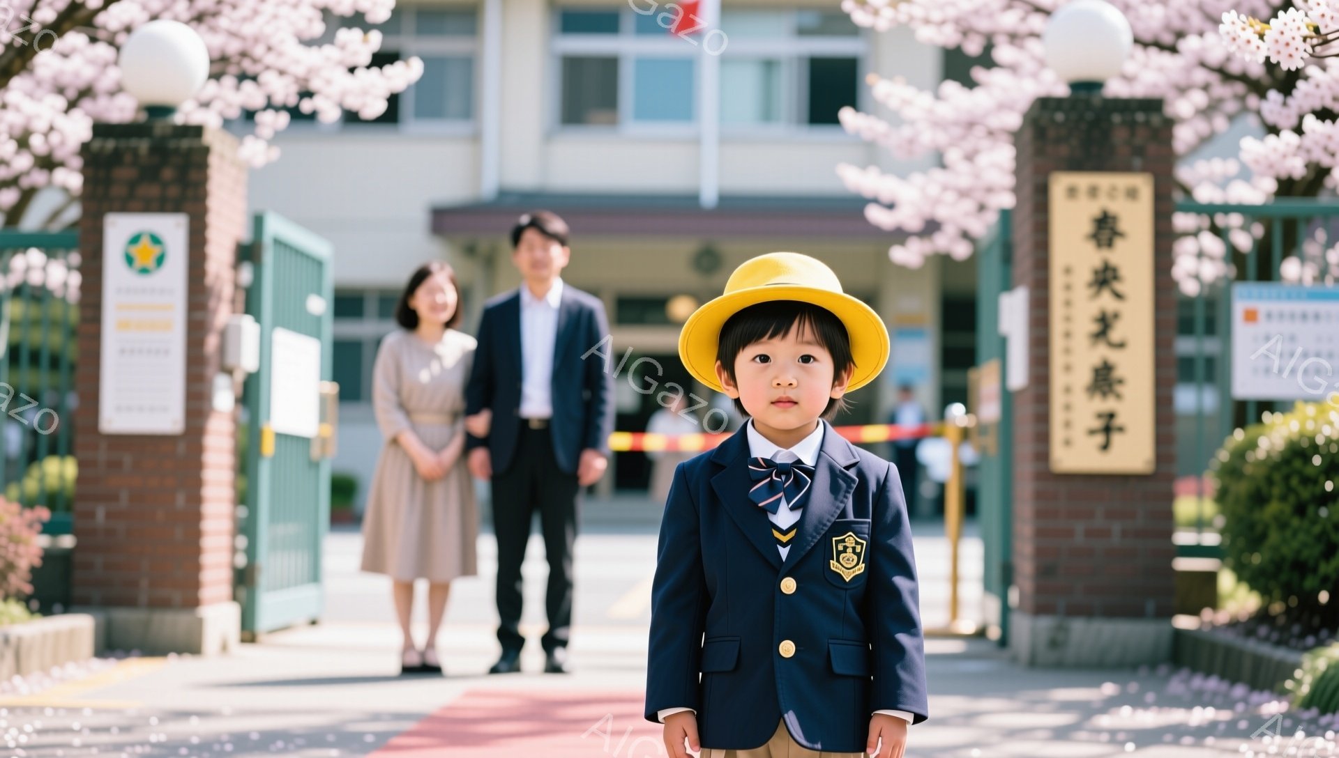 入学式と思われる小学校の門の前で、制服を着た男の子が正面を向いている。背景には、男の子の両親が少し緊張した面持ちで立っており、桜の花びらが舞っている。春らしい暖かく、少し感動的な雰囲気である。