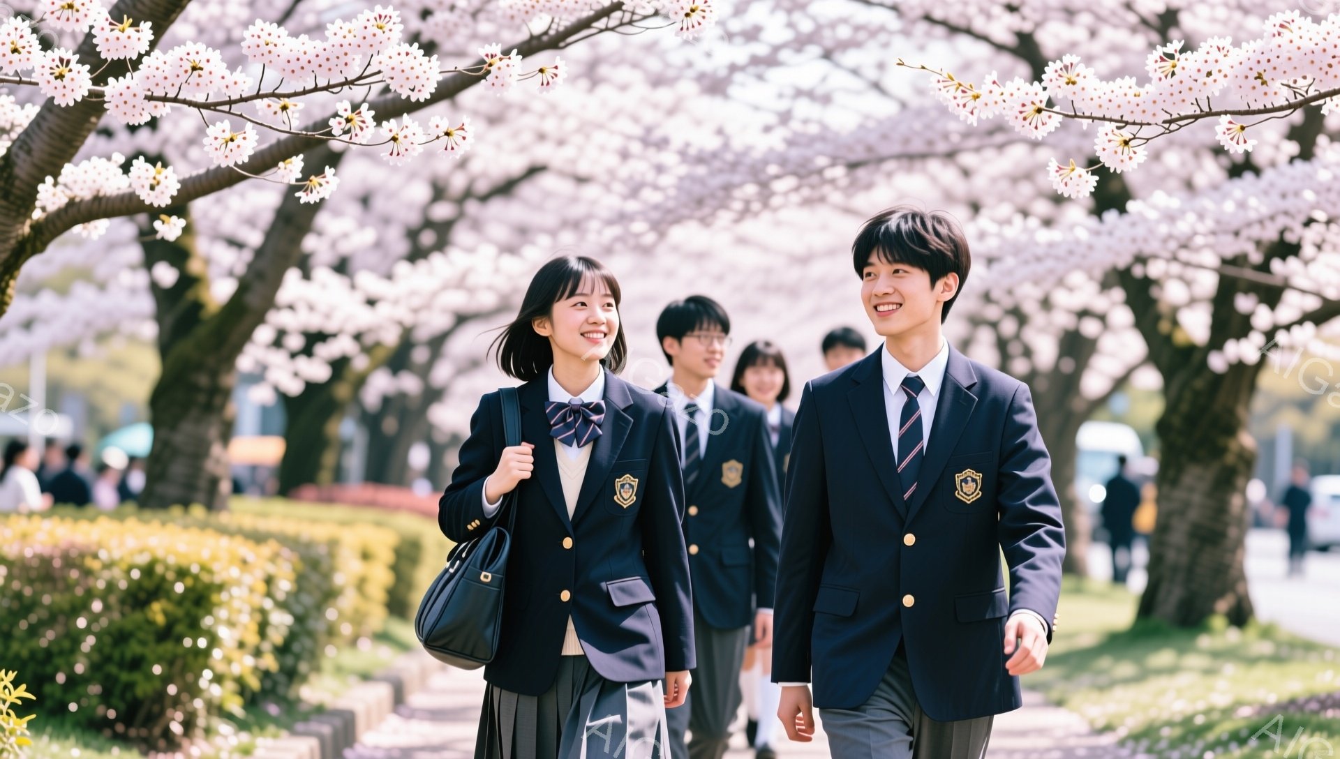制服を着た女子生徒と男子生徒が並んで歩いている。桜並木が咲き誇り、春らしい明るい雰囲気の中で笑顔を浮かべている。制服は紺色で、校章がついており、学校帰りの様子が伺える。 - AI生成フリー素材