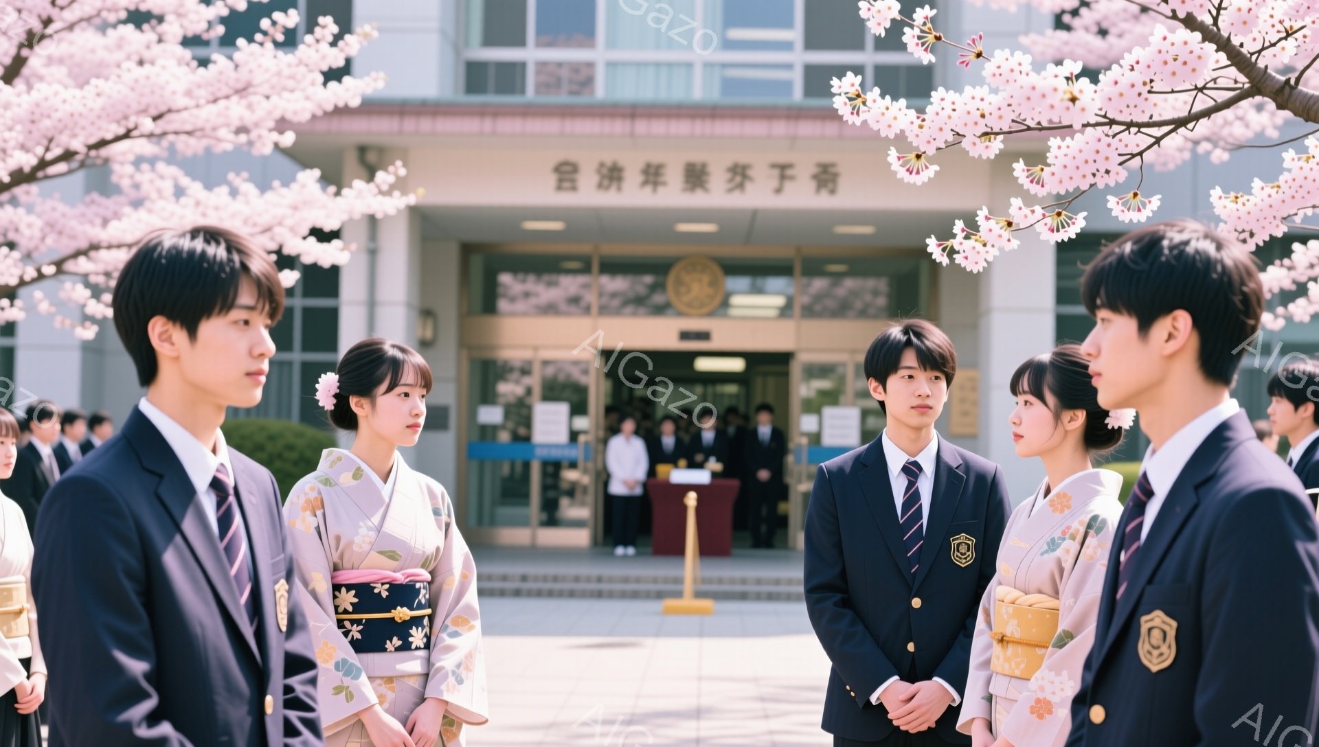制服を着た男子生徒と振袖を着た女子生徒が、大学または高校の入学式で正面を向いて立っている。桜の花びらが舞い散り、背景には建物が見え、春の暖かく華やかな雰囲気が伝わってくる。生徒たちは少し緊張しながらも、新たなスタートを切る希望に満ちた表情をしている。
