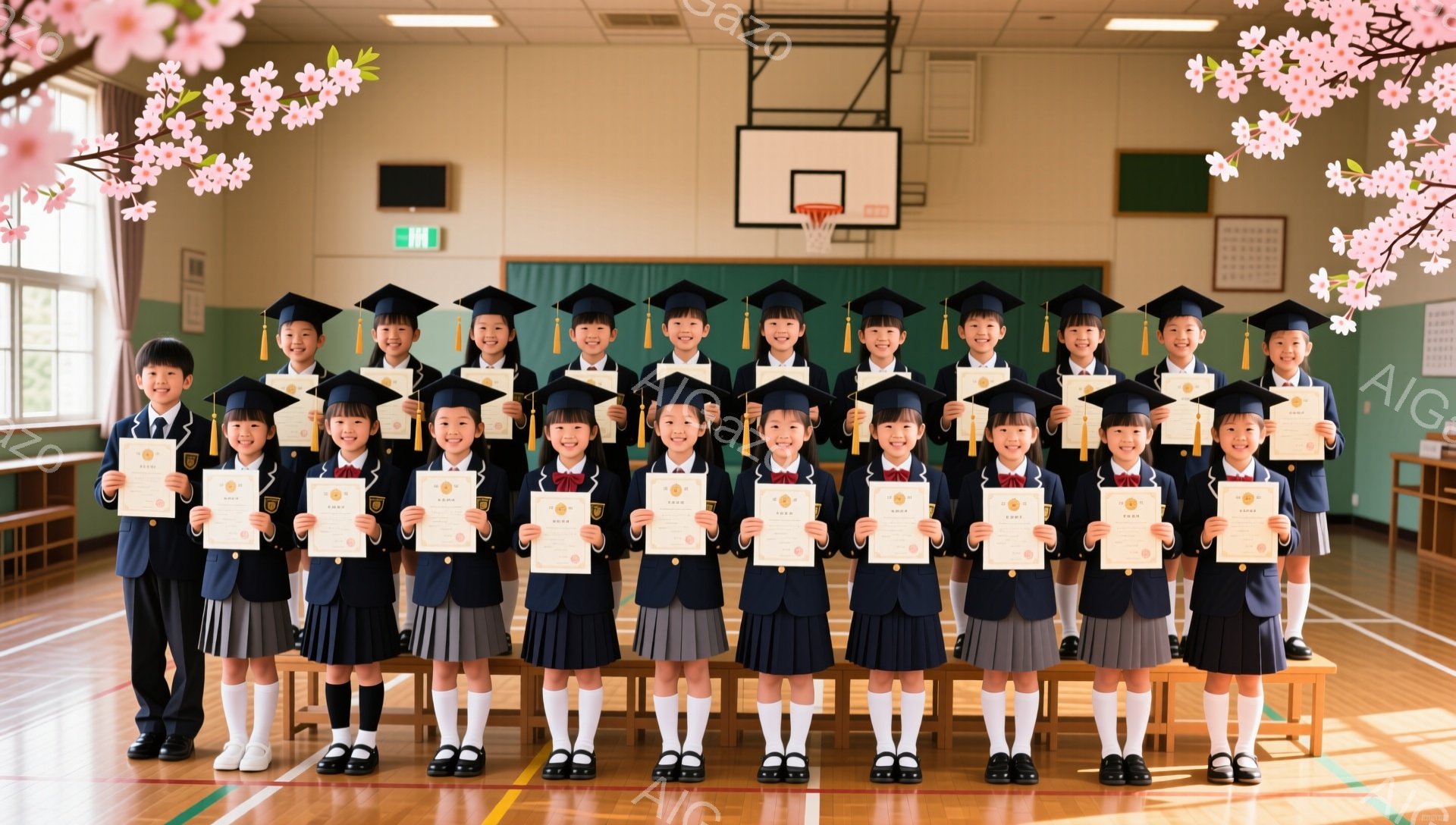 卒業式と思われる小学校の生徒たちが、体育館で一列に並んでいます。紺色のブレザー、白いシャツ、チェックのスカート（またはズボン）、白い靴下、黒い靴を着用し、全員が卒業証書を持って笑顔を見せています。背景 - AI生成フリー素材