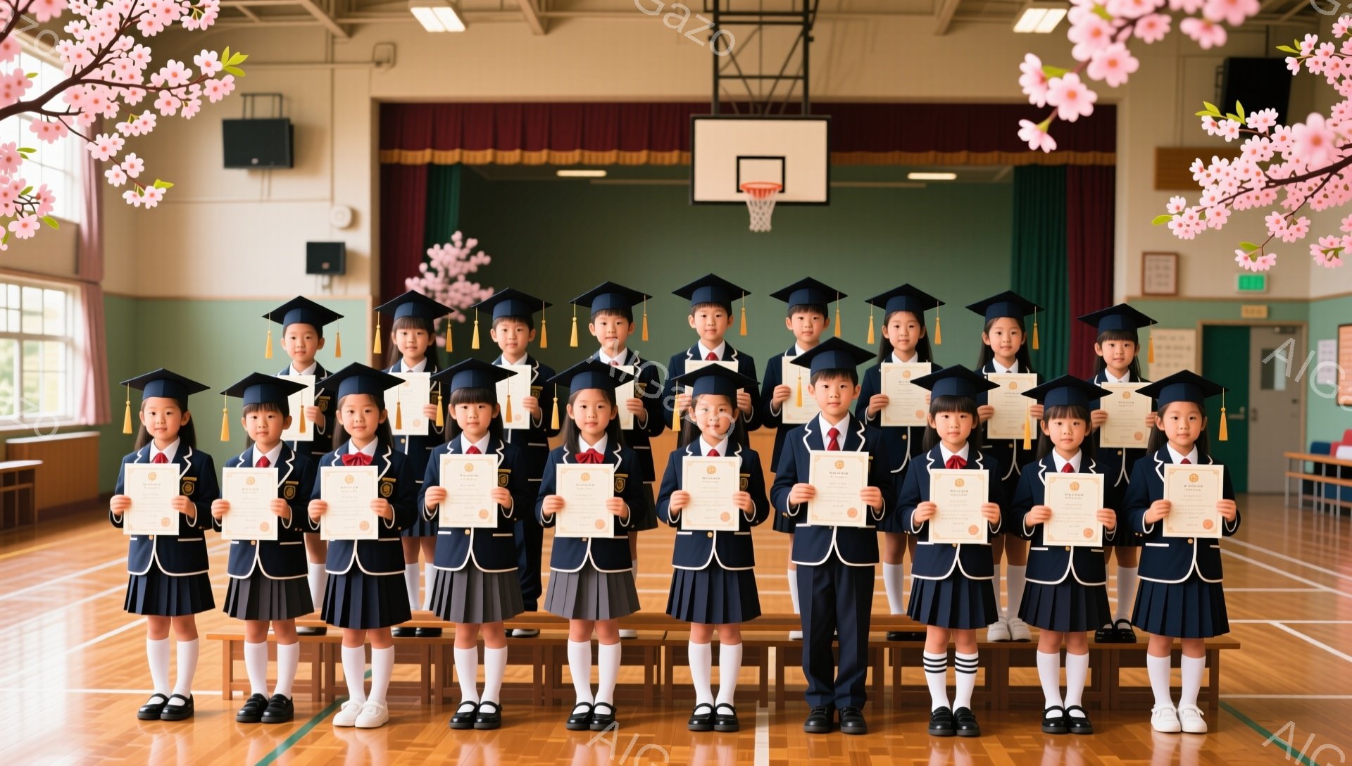 卒業式と思われる小学生たちが、皆一様に黒い制服に卒業帽子と赤いリボンをつけ、修了証書を手に整列しています。体育館のバスケットゴールと赤いカーテンが背景にあり、暖かく明るい雰囲気です。子供たちは皆、少し緊張した表情で、晴れの日を迎えている様子が伺えます。