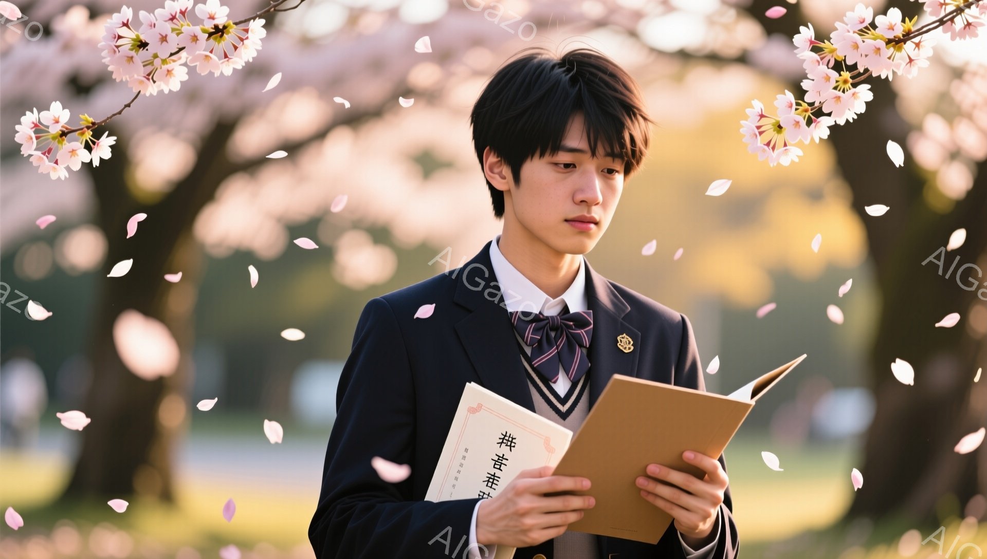 制服を着た男子高校生が、桜の木の下で本を読んでいます。彼は真剣な表情で本を見つめ、周囲を舞う桜の花びらが春の訪れを告げています。背景にはぼやけた桜並木が見え、穏やかで少し切ない雰囲気が漂っています。