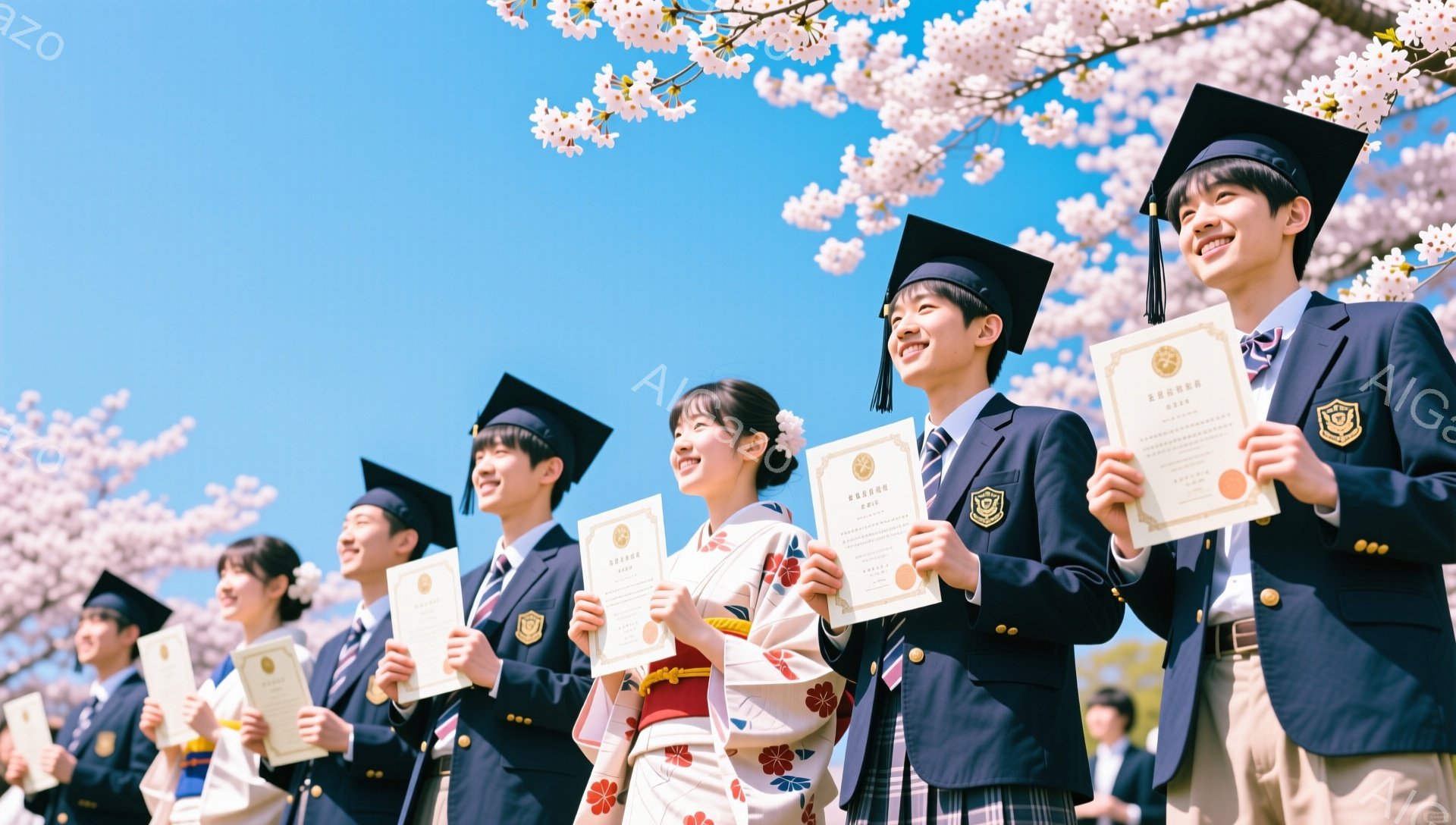 卒業式と思われる学生たちが、桜並木の下で卒業証書を掲げて笑顔で立っている。紺色の制服や袴姿の学生たち、そして卒業証書を高く掲げている姿から、晴れやかな雰囲気が伝わってくる。背景には、満開の桜が咲き誇り、春の訪れを感じさせる。