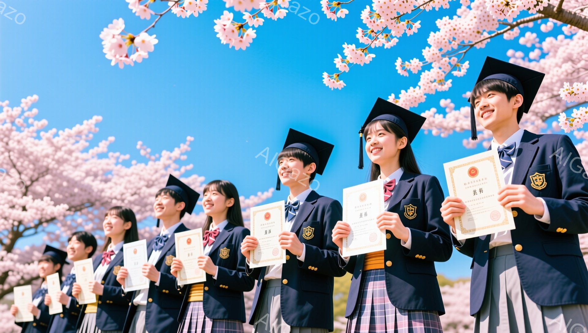 卒業式と思われる女子学生たちが、桜並木の下で卒業証書を持って笑顔で立っている。紺色のブレザー、チェックのスカート、赤いリボン、黒い髪に卒業帽子をかぶり、晴天の青空が広がっている。華やかで希望に満ちた雰囲気が感じられる。