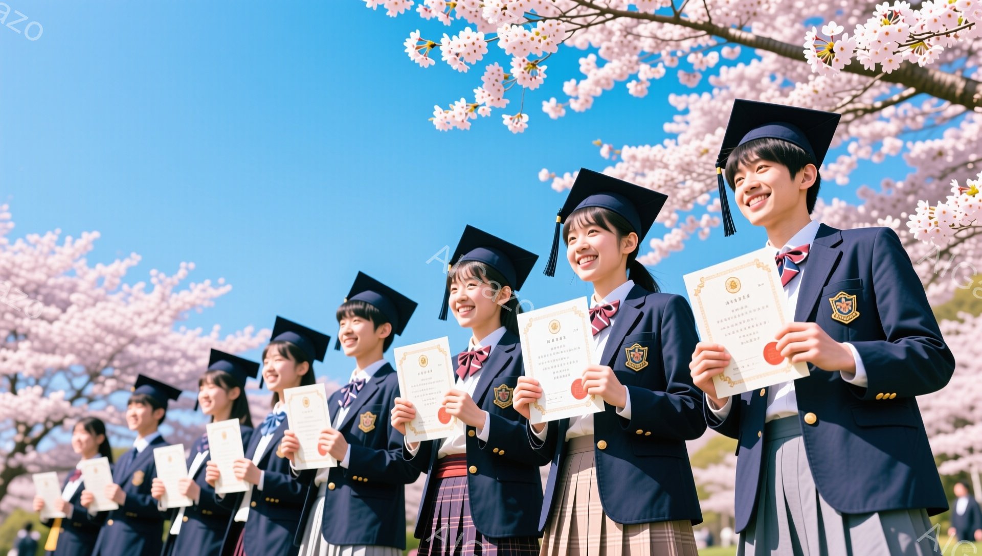 卒業式と思われる学生たちが、桜並木の下に整列し、卒業証書を手に笑顔を見せています。紺色のブレザーに身を包み、黒い帽子を被った学生たちは、それぞれ顔を上げて輝いています。背景には、満開の桜が咲き誇り、春の暖かく明るい雰囲気を醸し出しています。