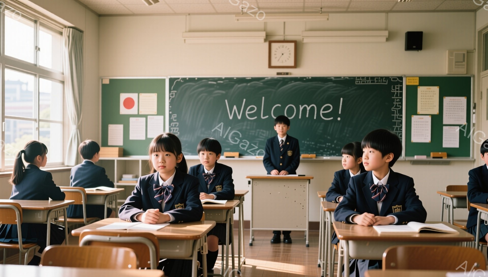 制服を着た小学生たちが教室で席に座って何かを見ている。子供たちは真剣な表情で、姿勢も良く、授業を注意深く聞いている様子が伺える。教室は明るく清潔で、日本の小学校の典型的な光景だ。