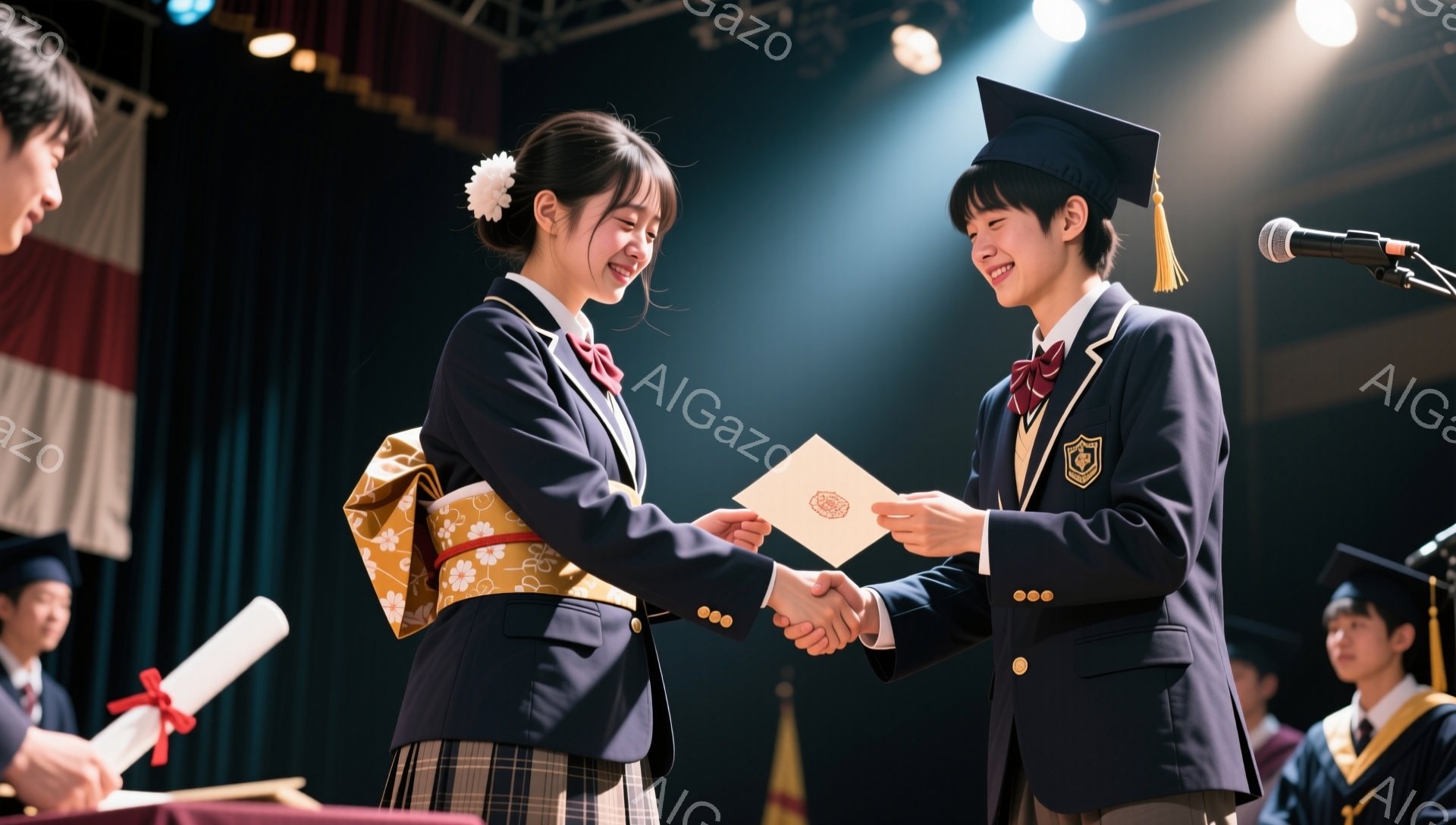 卒業式と思われる会場で、制服を着た女子学生が先生から卒業証書を受け取っています。笑顔で握手をする様子から、喜びと安堵の雰囲気が伝わってきます。背景には他の学生や赤いカーテンが見え、お祝いの場であることがわかります。