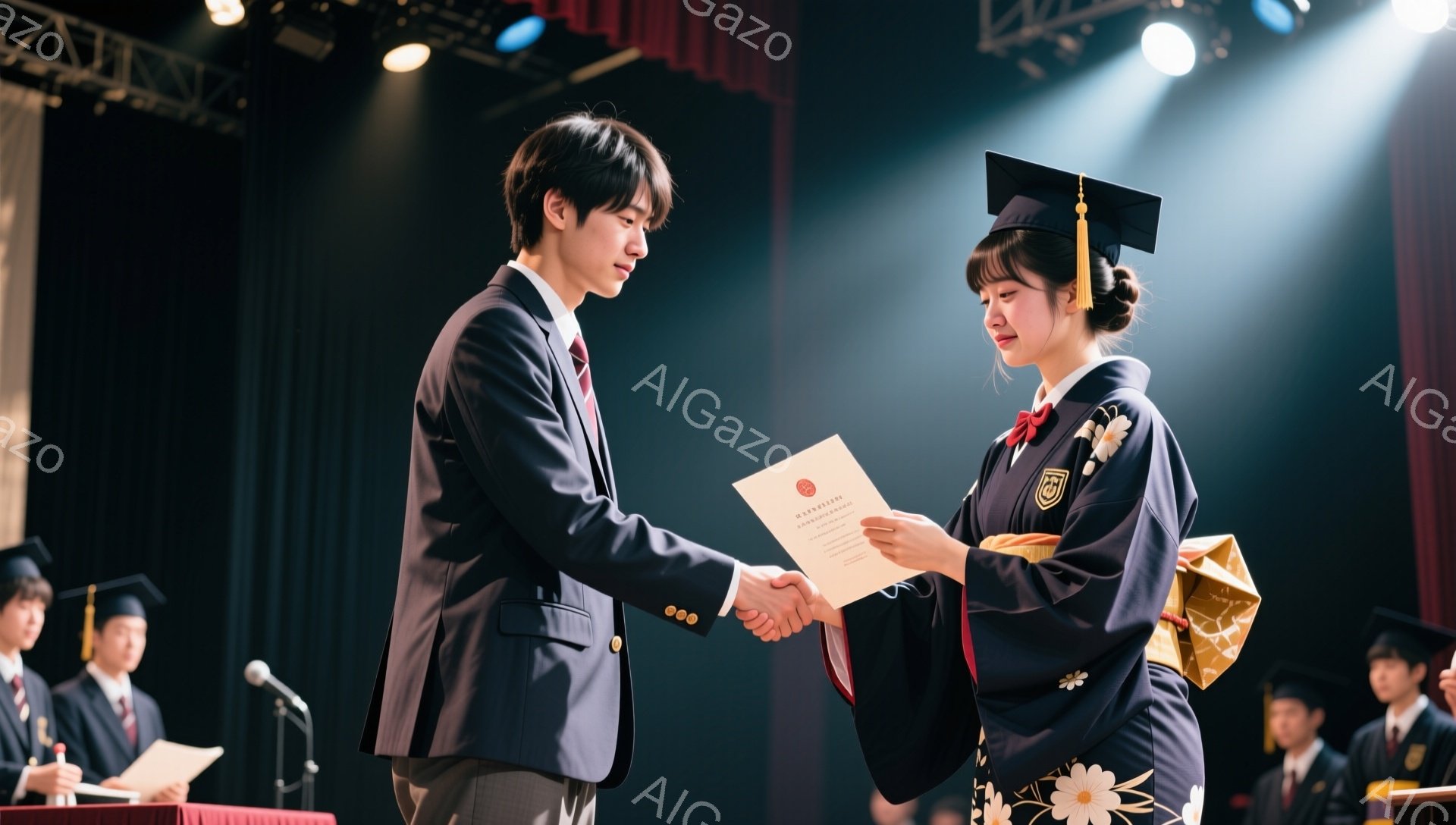 学位授与式で、卒業生が校長から卒業証書を受け取っている場面だ。男子学生は黒いスーツにネクタイ、女子学生は紺色の袴と卒業帽子を着用し、厳かな雰囲気の中、お互いに握手を交わしている。背景には他の卒業生が整列しており、会場は荘厳で華やかだ。