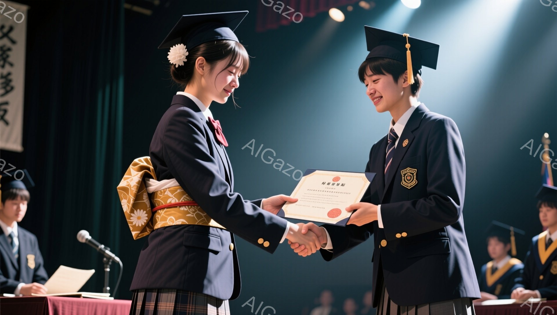 卒業式と思われる会場で、制服を着た女子学生が卒業証書を受け取っています。彼女は笑顔で証書を受け取り、男性の教員と握手をしています。背景には他の学生や教員がおり、厳かな雰囲気が漂っています。