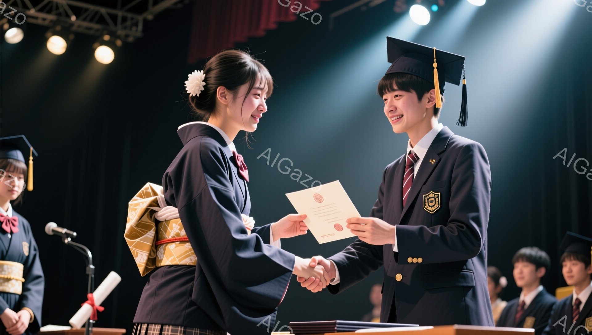 卒業式と思われる舞台で、袴を着た女性と制服を着た男性が握手をしています。背景には他の卒業生が並び、会場は華やかで祝賀的な雰囲気が漂っています。女性は笑顔で、男性も喜びの表情を浮かべています。 - AI生成フリー素材