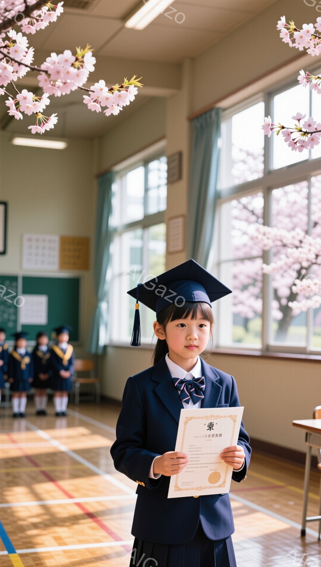 卒業式で、制服を着て卒業証書を受け取る幼い女の子が写っています。彼女は黒髪をツインテールにし、赤いリボンをつけています。背景には、他の卒業生と桜が咲き誇る窓があり、華やかで感動的な雰囲気です。 - AI生成フリー素材