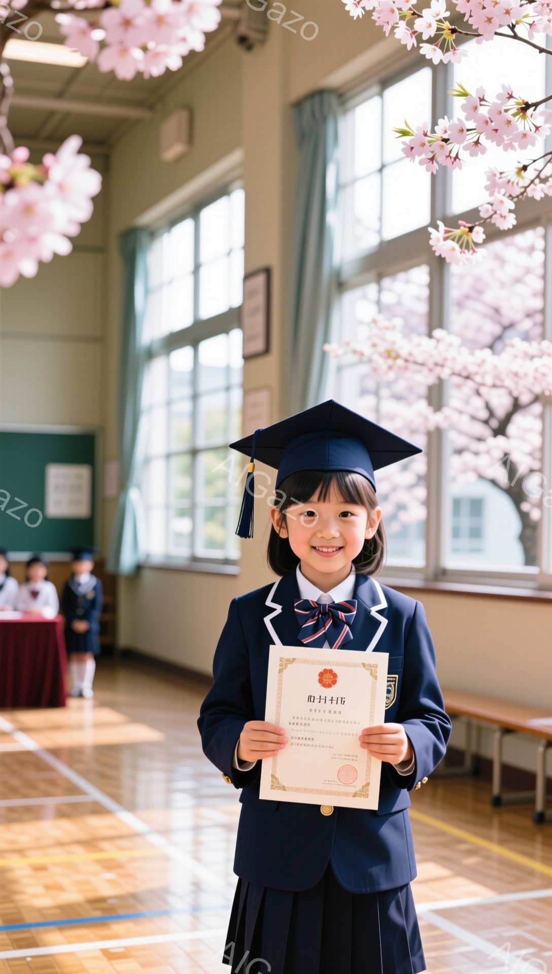 小さな女の子が卒業式で証書を持って立っています。紺色の制服に卒業帽子をかぶり、満面の笑みを浮かべています。背景には桜が咲き誇り、春らしい華やかな雰囲気です。 - AI生成フリー素材