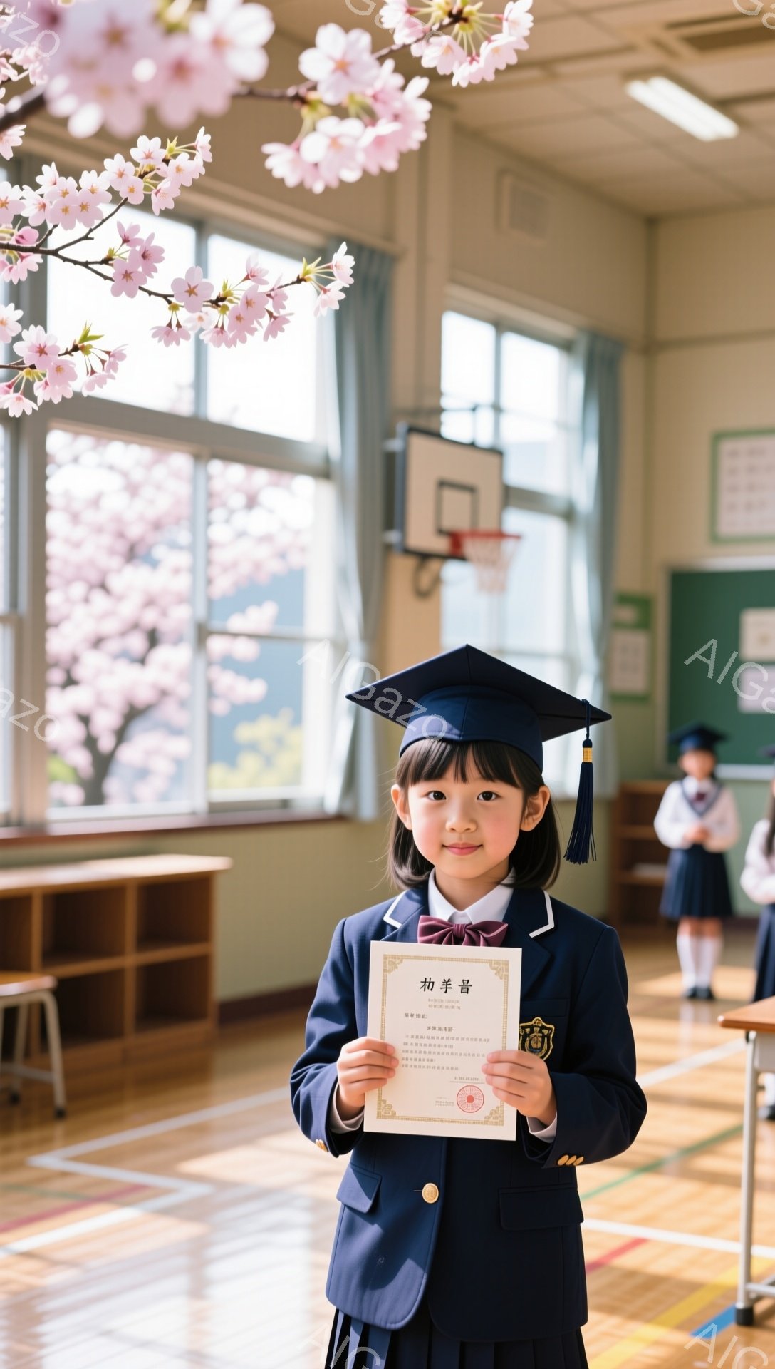 卒業式と思われる小学校の体育館で、一人の女の子が卒業証書を手に笑顔で立っています。黒い制服に卒業帽子をかぶり、可愛らしい笑顔を見せています。背景には桜の花が飾られており、春らしい暖かく感動的な雰囲気です。