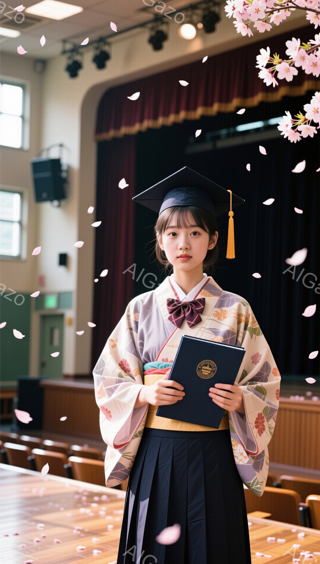 卒業式で晴れ着を着た女性が、桜の花びらが舞う中、卒業証書を手に微笑んでいます。 彼女は黒い袴と、淡いピンクとオレンジ色の美しい着物を身につけ、頭には卒業帽子をかぶっています。 背景には舞台と座席が見え、華やかで感動的な雰囲気を醸し出しています。