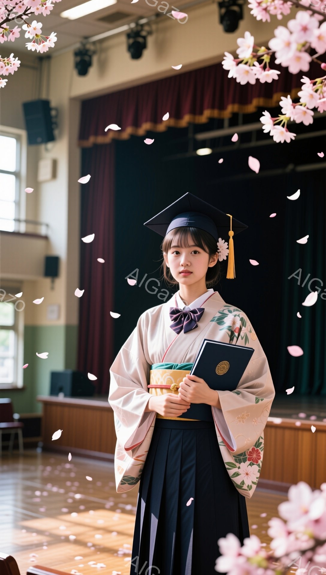 卒業式で着物を着た若い女性が、桜の花びらが舞う中、卒業証書を持って立っている。彼女は黒い帽子と房飾りを付けており、笑顔で前を見つめている。背景は学校の講堂で、華やかな雰囲気が漂っている。