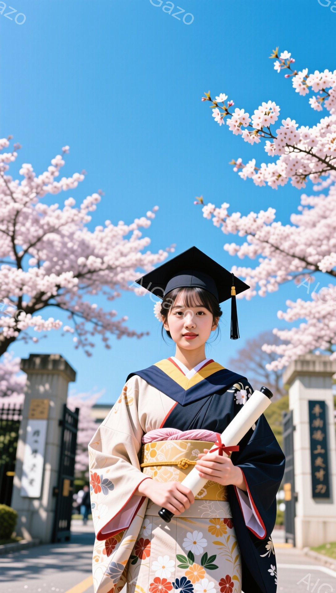 卒業式を迎えた女性が、桜並木のキャンパスで晴れやかに微笑んでいる。紺色の卒業着に黄色い帯を締め、学士帽を被り、卒業証書を手にしている。背景には大学の建物が見え、春の暖かな日差しの中で希望に満ちた雰囲気が漂っている。
