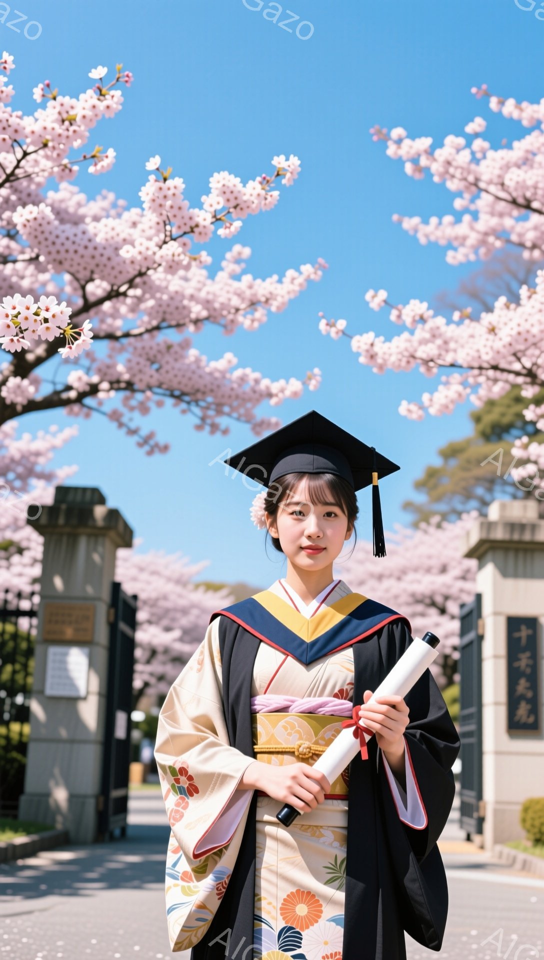 卒業式を迎えた女性が、袴と卒業服を着て、大学のキャンパスで微笑んでいます。背景には桜が満開で、春の暖かさと喜びの雰囲気が伝わってきます。手に持っているのは卒業証書で、未来への希望に満ちた表情が印象的です。