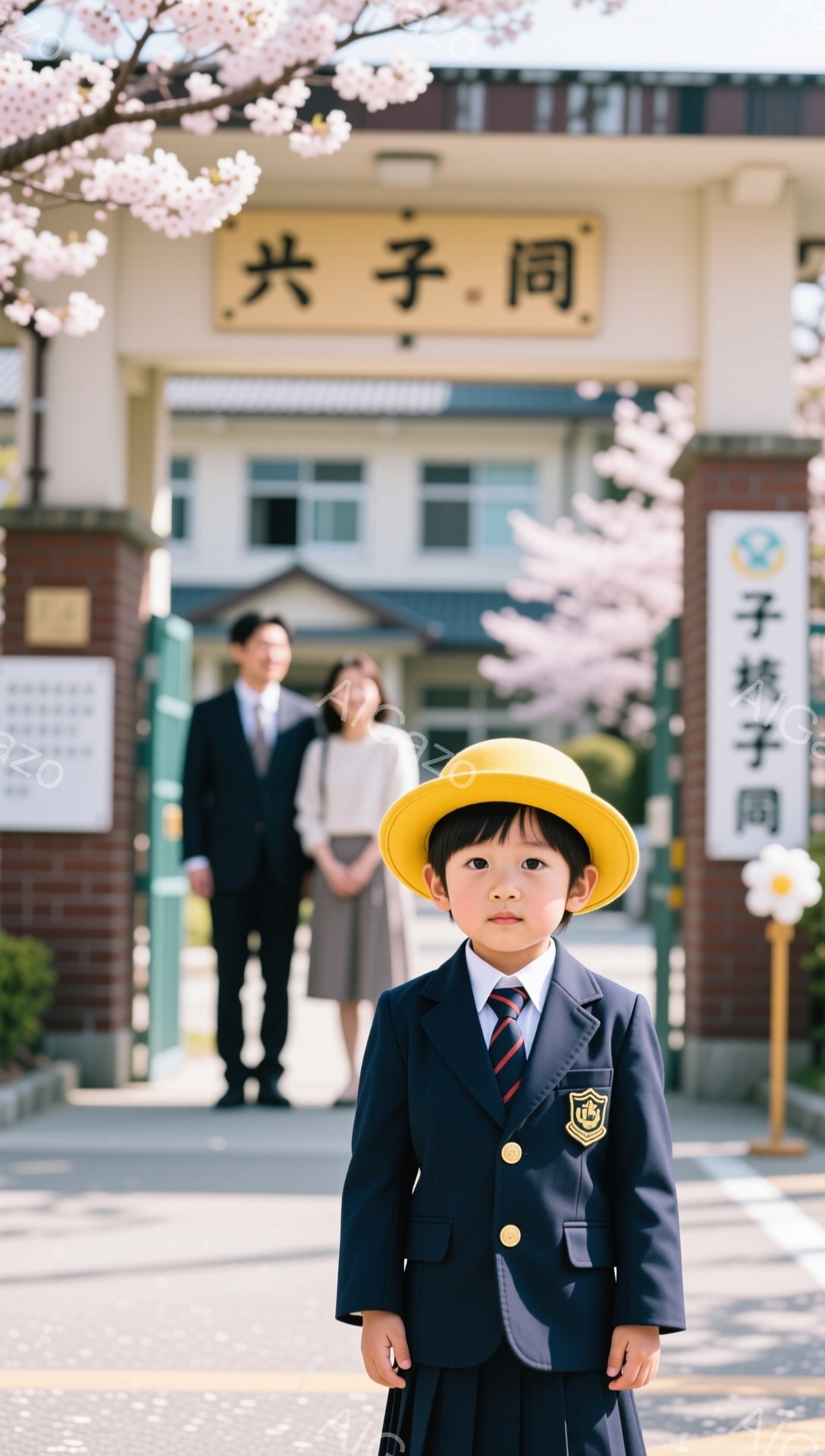 入学式と思われる男の子が、制服と帽子を着用して正面を見据えています。背景には、入学式と思われる校門と、少しぼやけた両親の姿が見えます。桜の花びらが舞い散り、春の暖かく希望に満ちた雰囲気が漂っています。